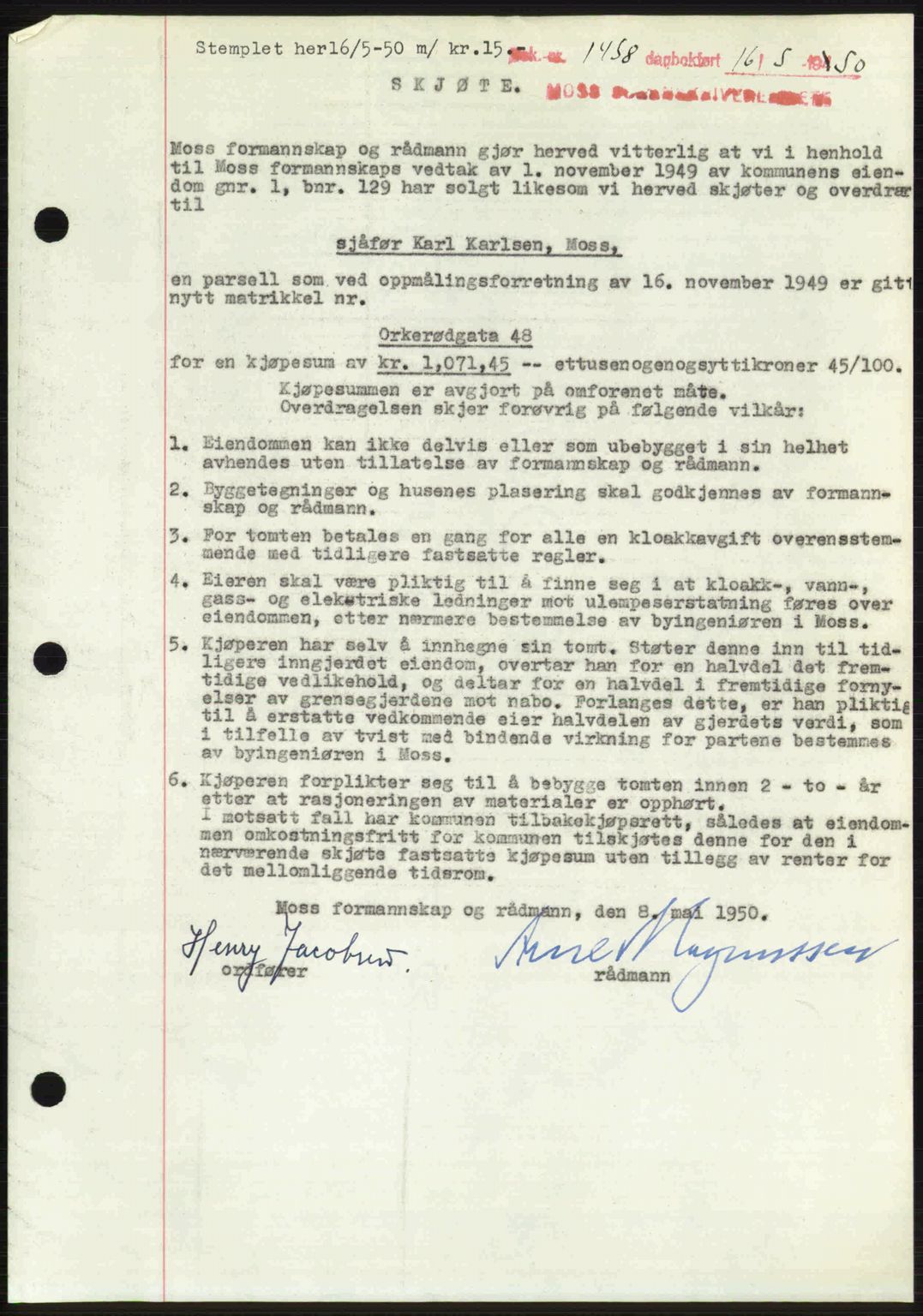 Moss sorenskriveri, AV/SAO-A-10168: Pantebok nr. A26, 1950-1950, Dagboknr: 1458/1950