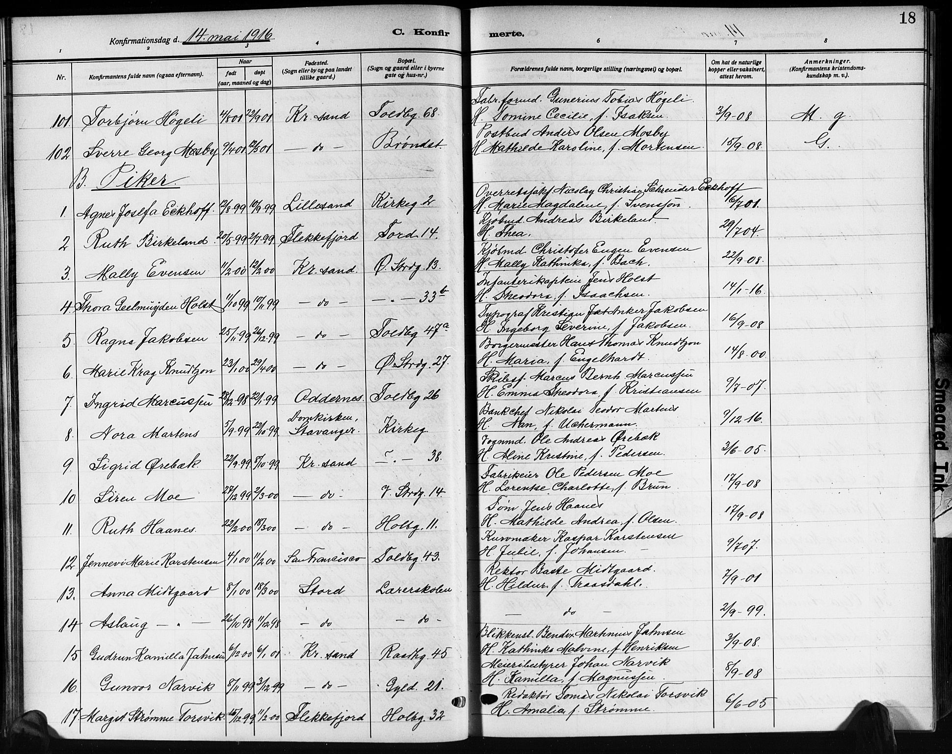 Kristiansand domprosti, AV/SAK-1112-0006/F/Fb/L0022: Klokkerbok nr. B 22, 1915-1925, s. 18