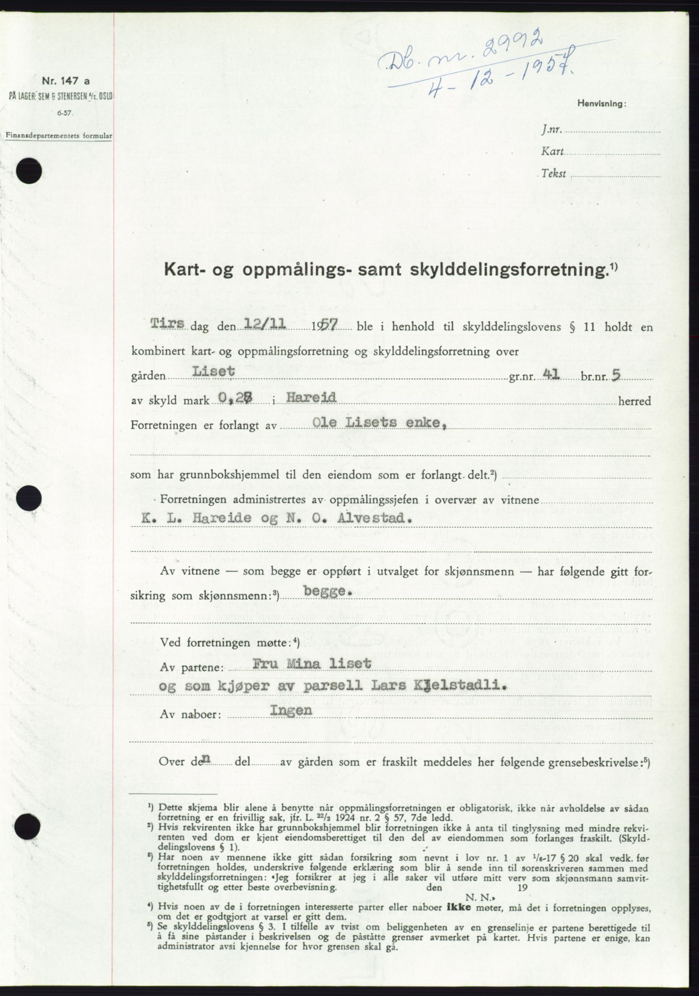 Søre Sunnmøre sorenskriveri, SAT/A-4122/1/2/2C/L0108: Pantebok nr. 34A, 1957-1958, Dagboknr: 2992/1957