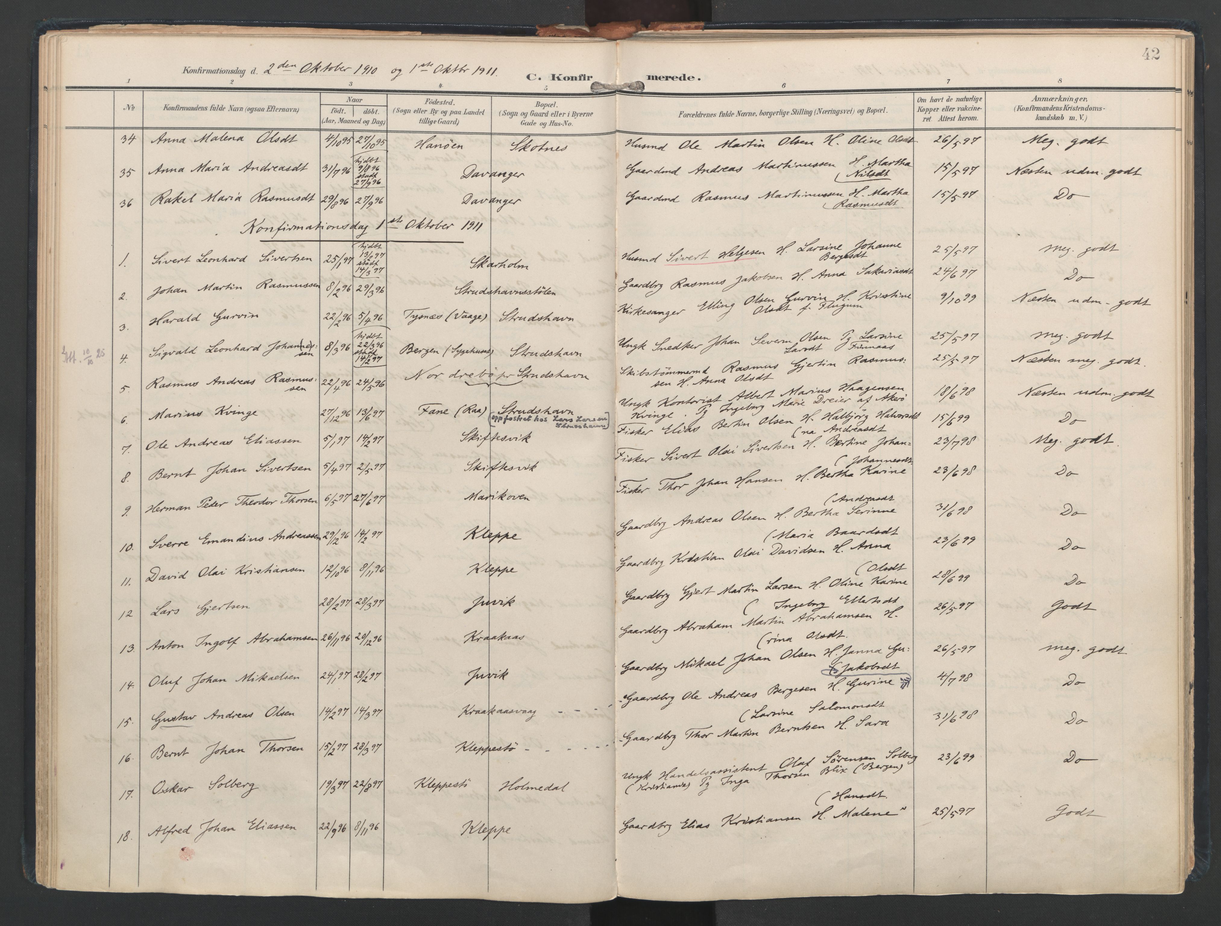Askøy Sokneprestembete, AV/SAB-A-74101/H/Ha/Haa/Haad/L0001: Ministerialbok nr. D 1, 1902-1916, s. 42
