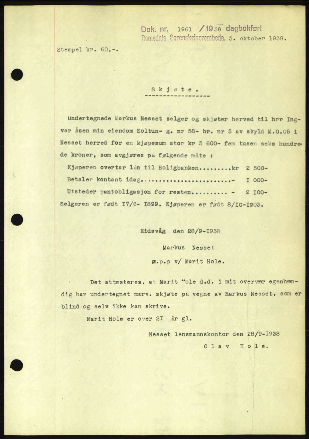 Romsdal sorenskriveri, SAT/A-4149/1/2/2C: Pantebok nr. A5, 1938-1938, Dagboknr: 1961/1938