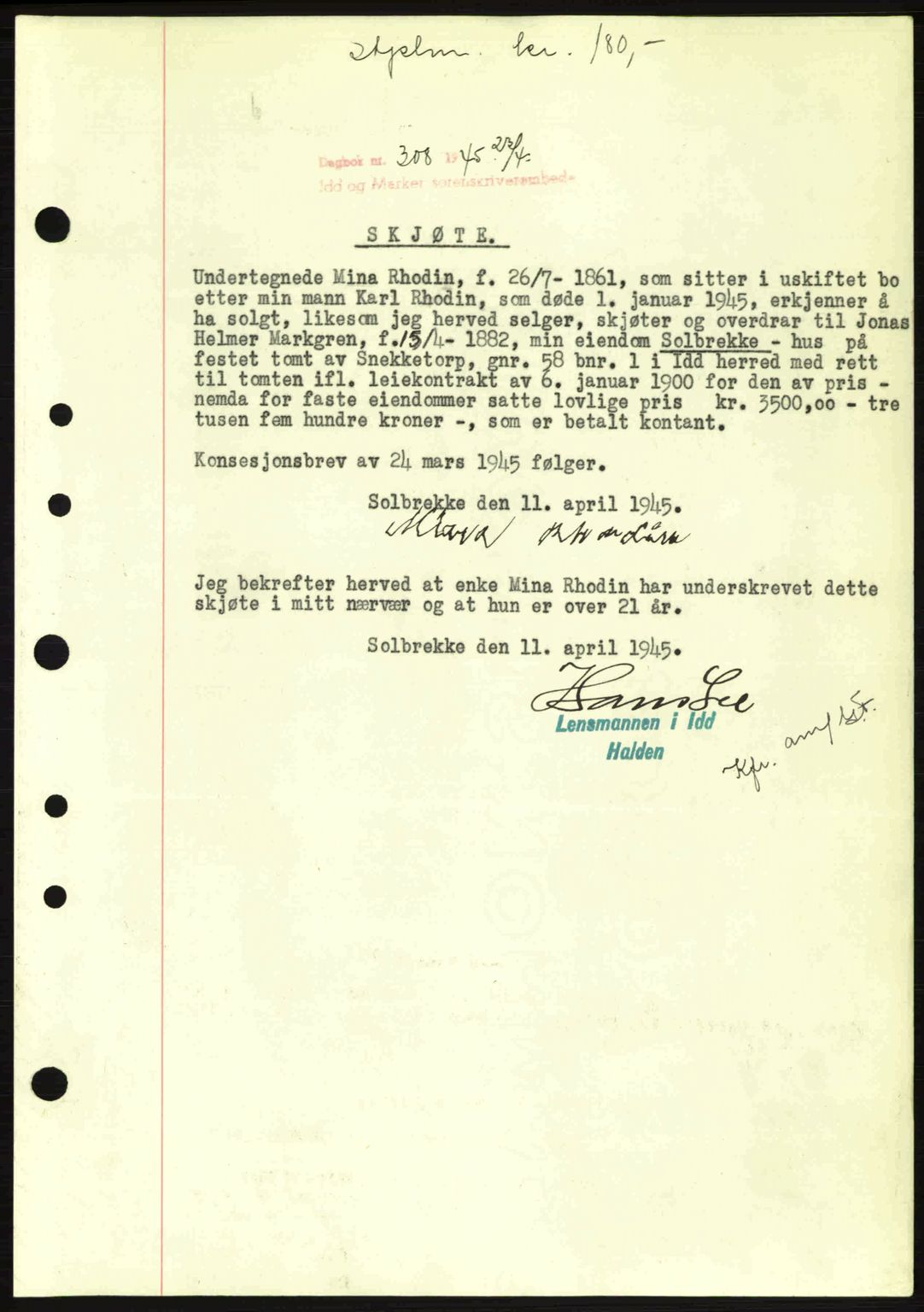 Idd og Marker sorenskriveri, AV/SAO-A-10283/G/Gb/Gbb/L0007: Pantebok nr. A7, 1944-1945, Dagboknr: 308/1945