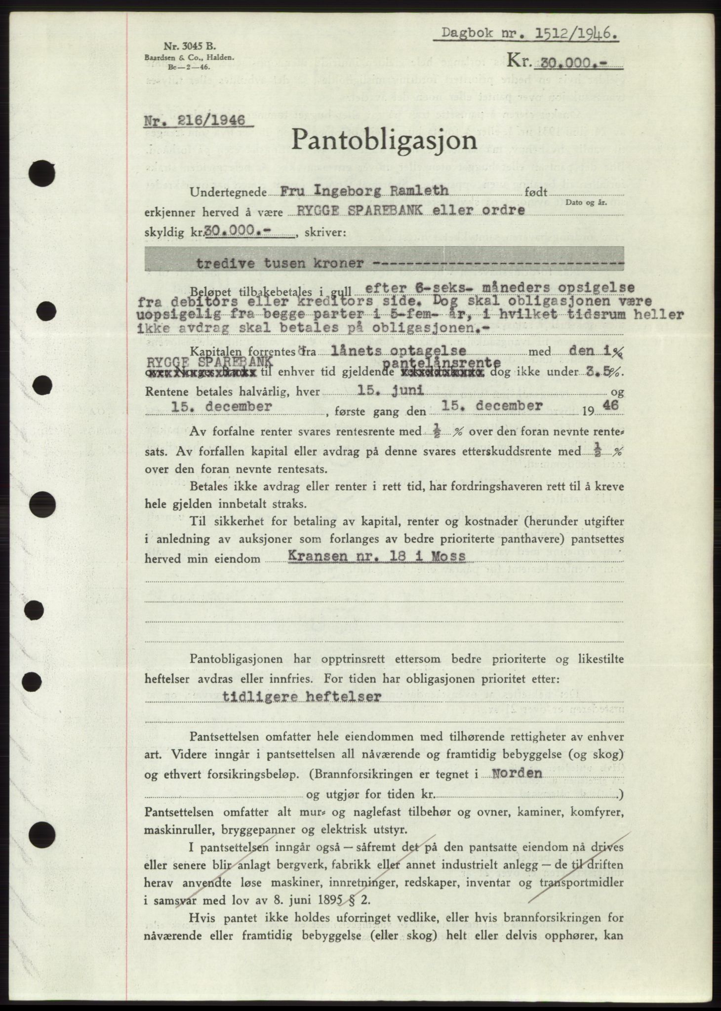 Moss sorenskriveri, SAO/A-10168: Pantebok nr. B15, 1946-1946, Dagboknr: 1512/1946
