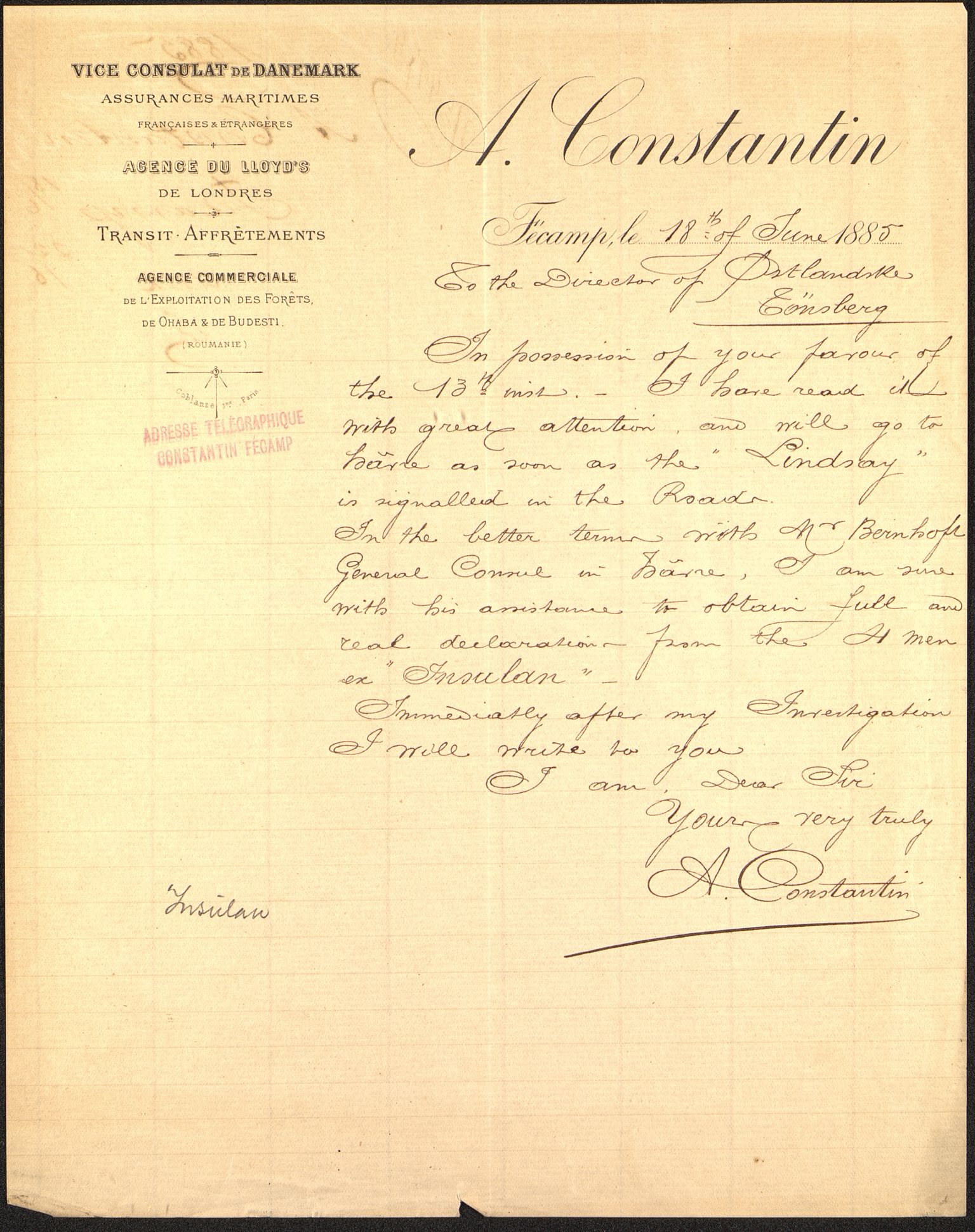 Pa 63 - Østlandske skibsassuranceforening, VEMU/A-1079/G/Ga/L0018/0007: Havaridokumenter / Leif, Jarl, Insulan, Norrøna, Nordstjernen, 1885, s. 33