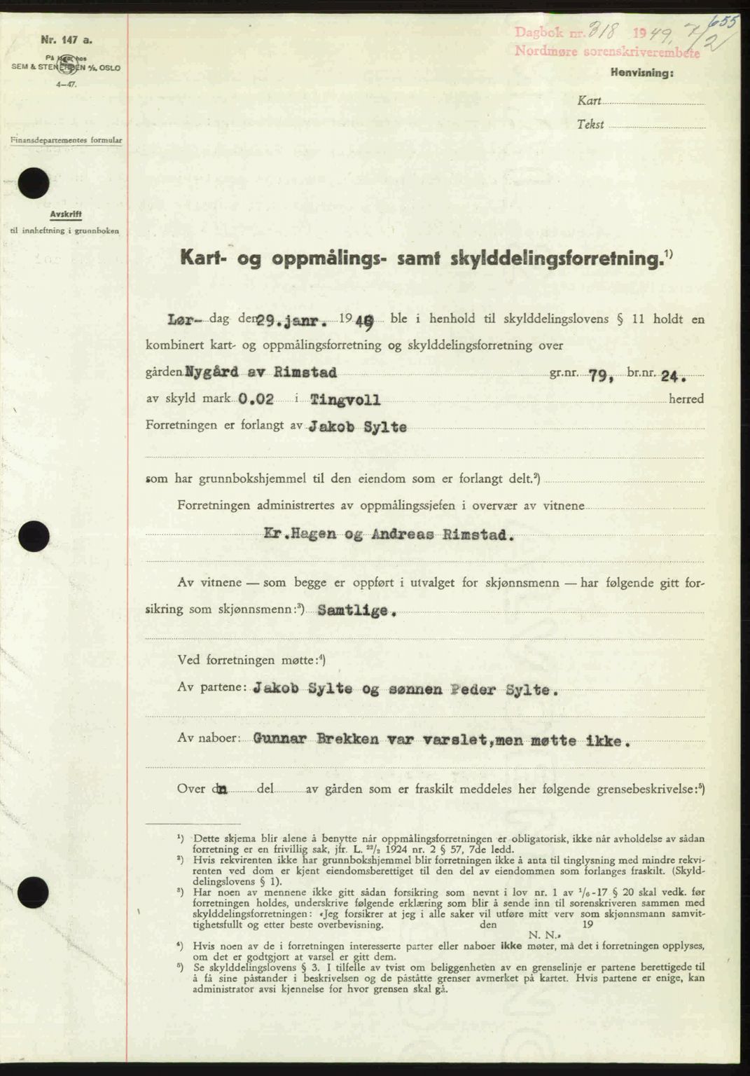 Nordmøre sorenskriveri, SAT/A-4132/1/2/2Ca: Pantebok nr. A110, 1948-1949, Dagboknr: 318/1949