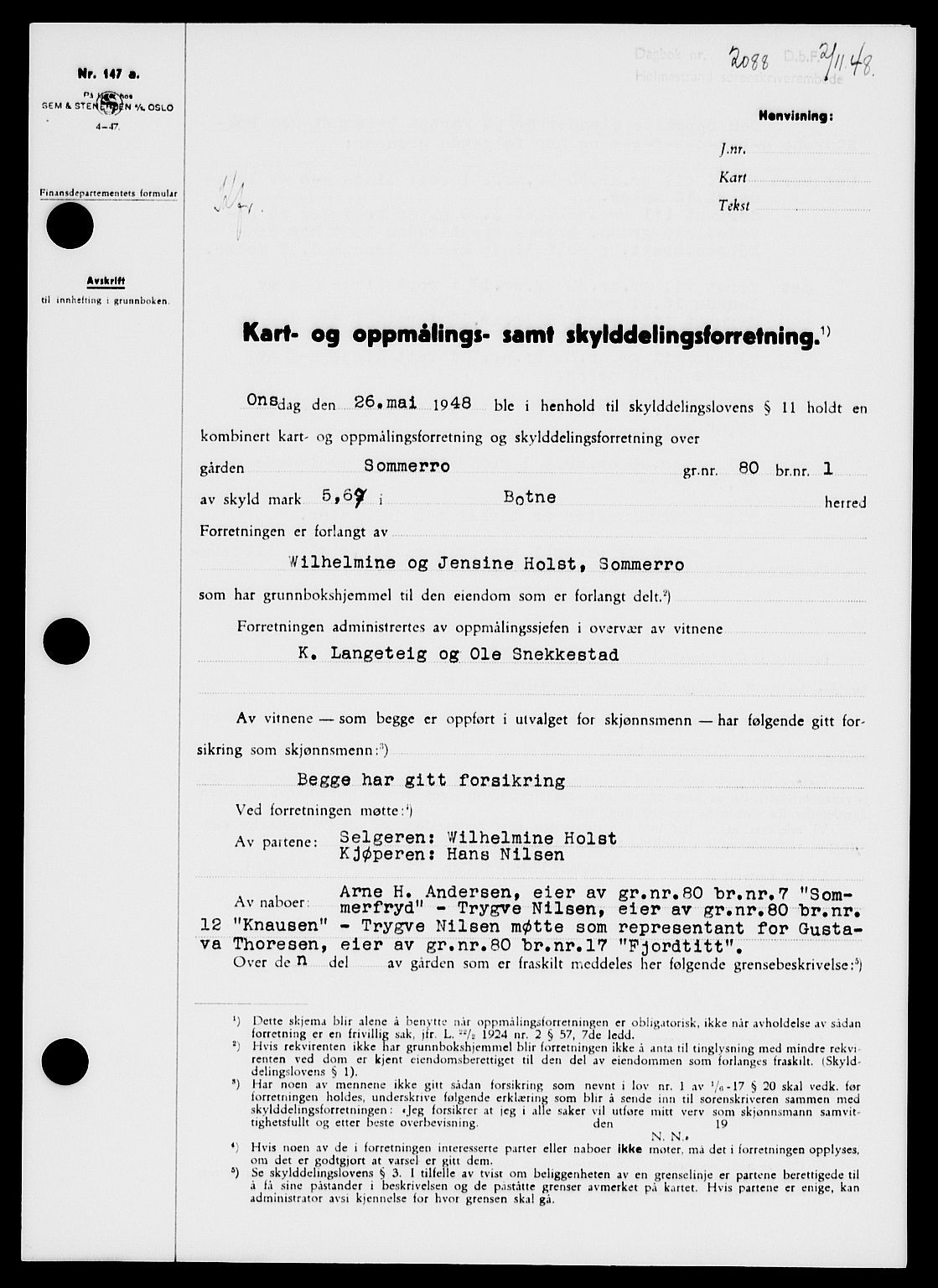 Holmestrand sorenskriveri, SAKO/A-67/G/Ga/Gaa/L0065: Pantebok nr. A-65, 1948-1949, Dagboknr: 2088/1948