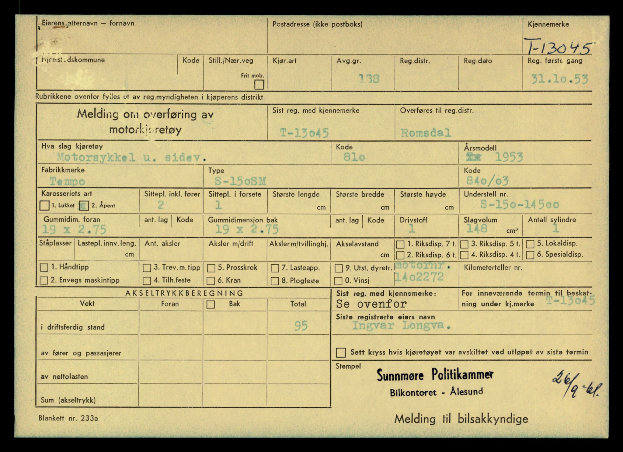 Møre og Romsdal vegkontor - Ålesund trafikkstasjon, AV/SAT-A-4099/F/Fe/L0037: Registreringskort for kjøretøy T 13031 - T 13179, 1927-1998, s. 329