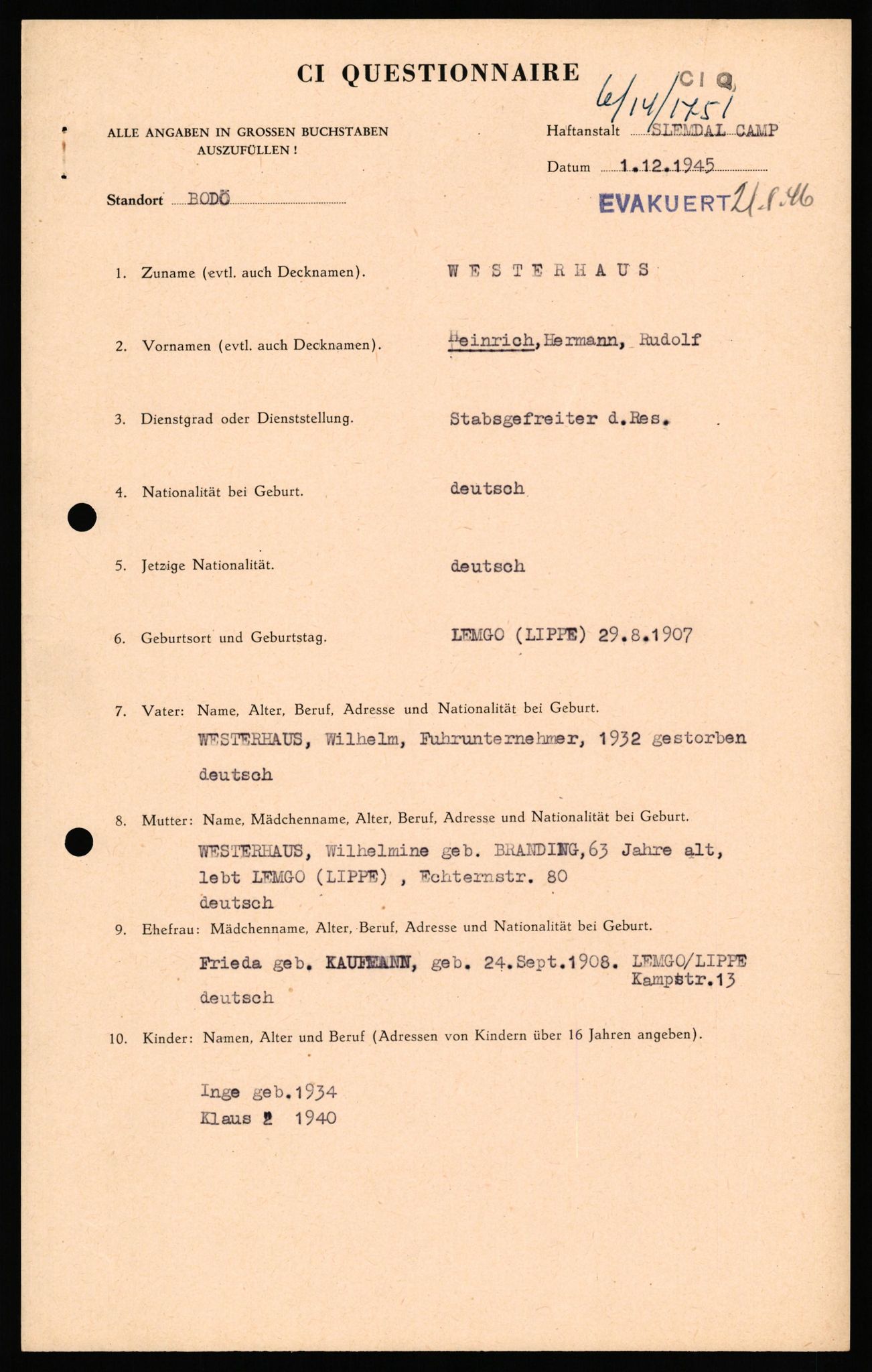 Forsvaret, Forsvarets overkommando II, AV/RA-RAFA-3915/D/Db/L0035: CI Questionaires. Tyske okkupasjonsstyrker i Norge. Tyskere., 1945-1946, s. 448