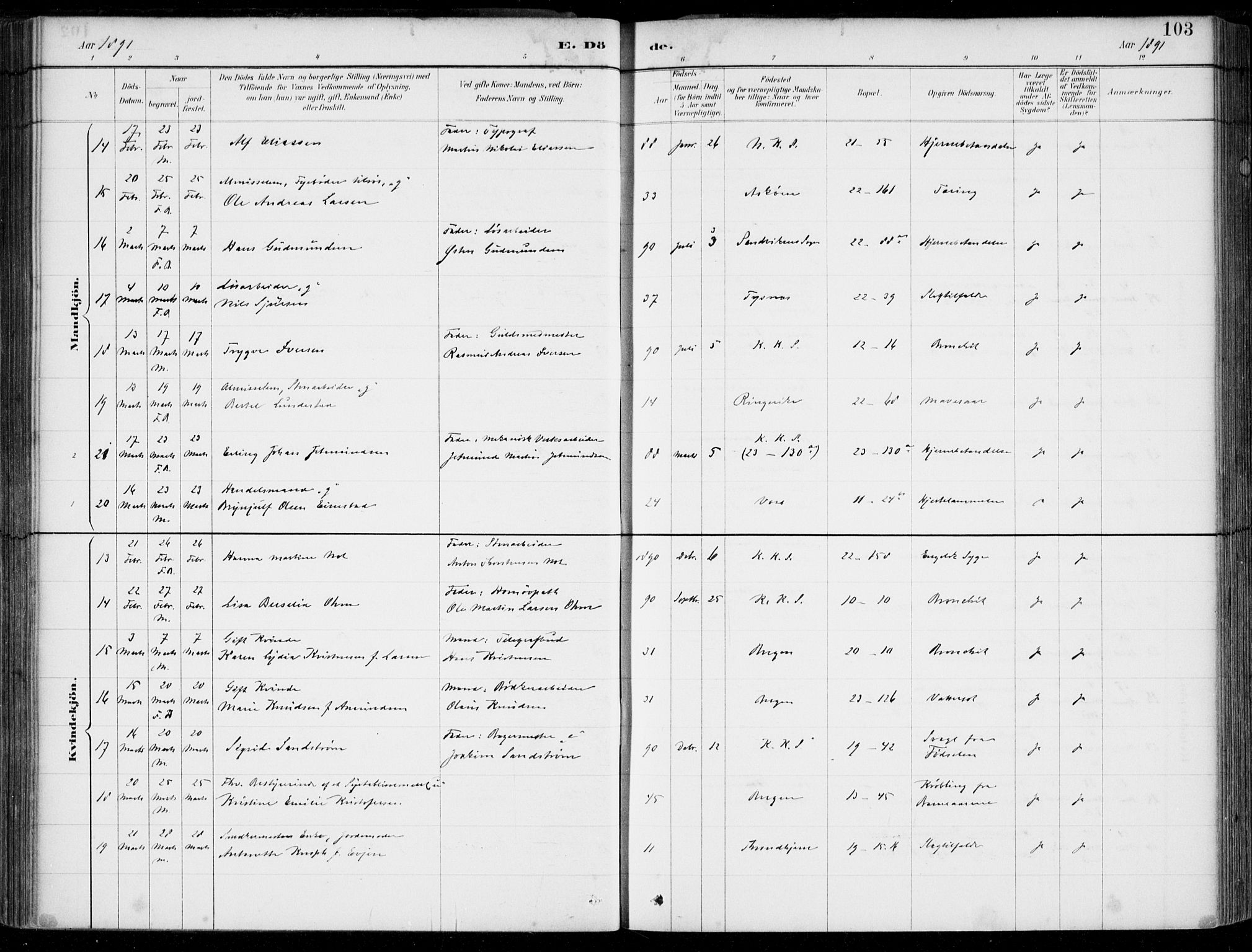 Korskirken sokneprestembete, SAB/A-76101/H/Hab: Klokkerbok nr. E 4, 1884-1910, s. 103