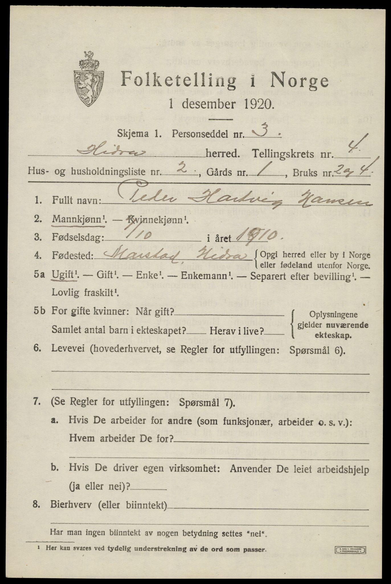 SAK, Folketelling 1920 for 1042 Hidra herred, 1920, s. 2100