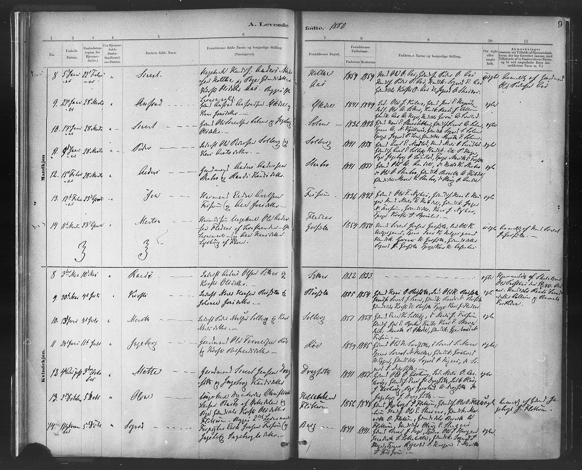 Ministerialprotokoller, klokkerbøker og fødselsregistre - Sør-Trøndelag, AV/SAT-A-1456/689/L1040: Ministerialbok nr. 689A05, 1878-1890, s. 9