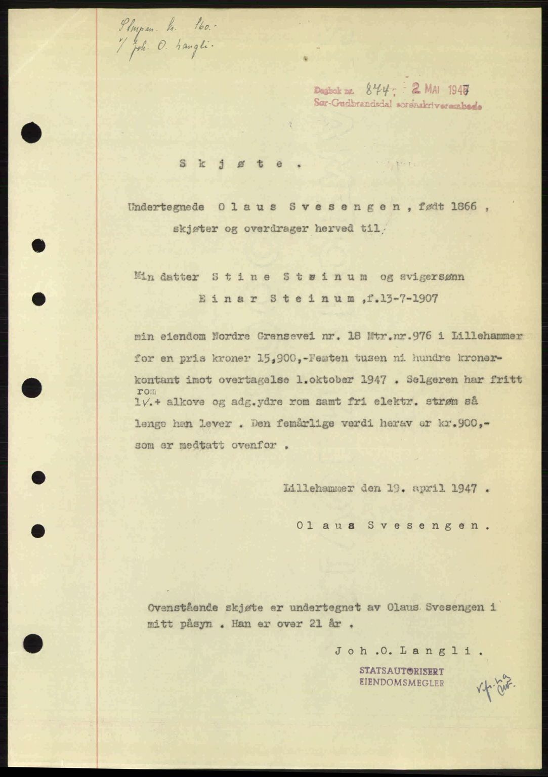 Sør-Gudbrandsdal tingrett, SAH/TING-004/H/Hb/Hbd/L0018: Pantebok nr. A18, 1947-1947, Dagboknr: 874/1947