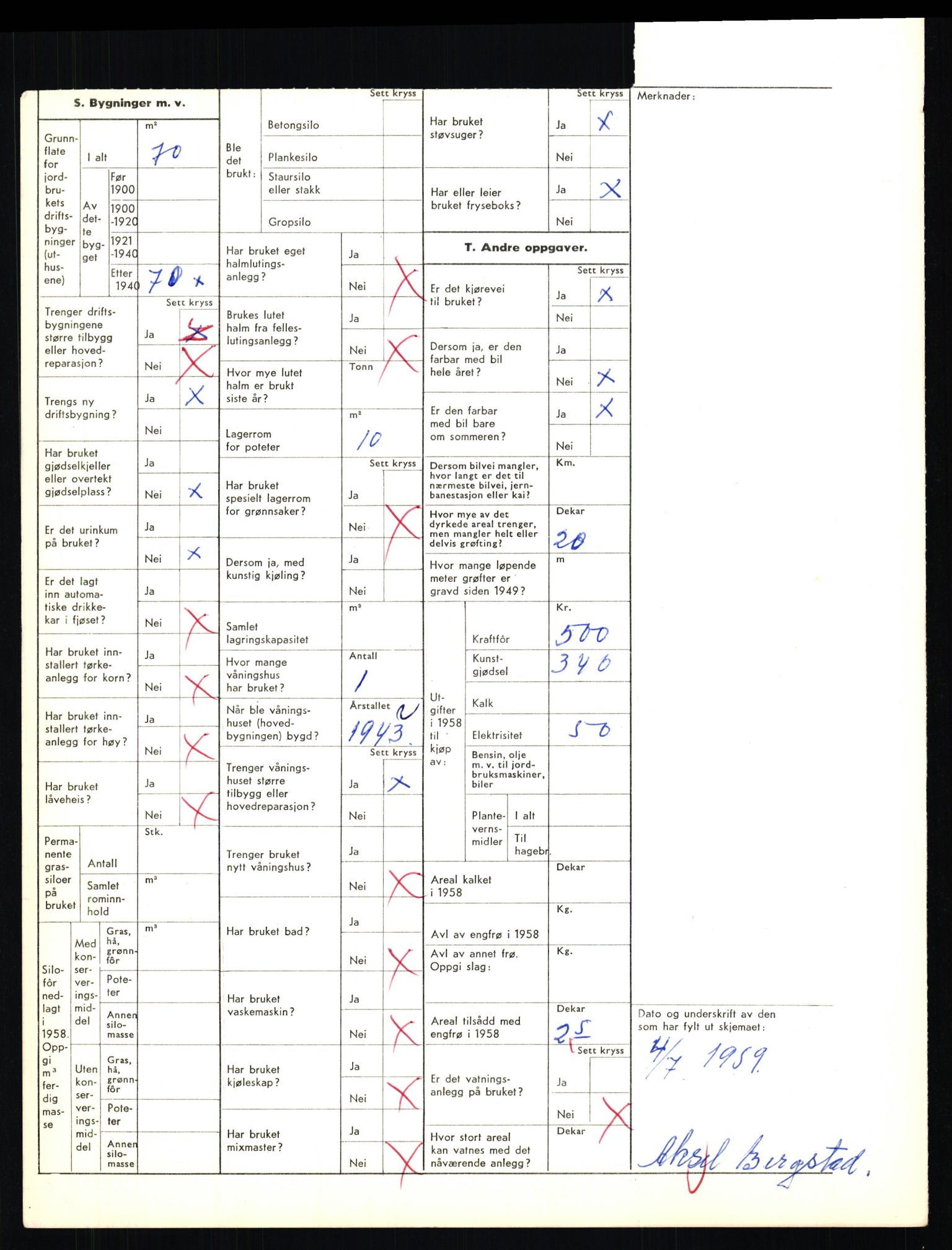 Statistisk sentralbyrå, Næringsøkonomiske emner, Jordbruk, skogbruk, jakt, fiske og fangst, AV/RA-S-2234/G/Gd/L0655: Troms: 1924 Målselv (kl. 4-10), 1959, s. 2179