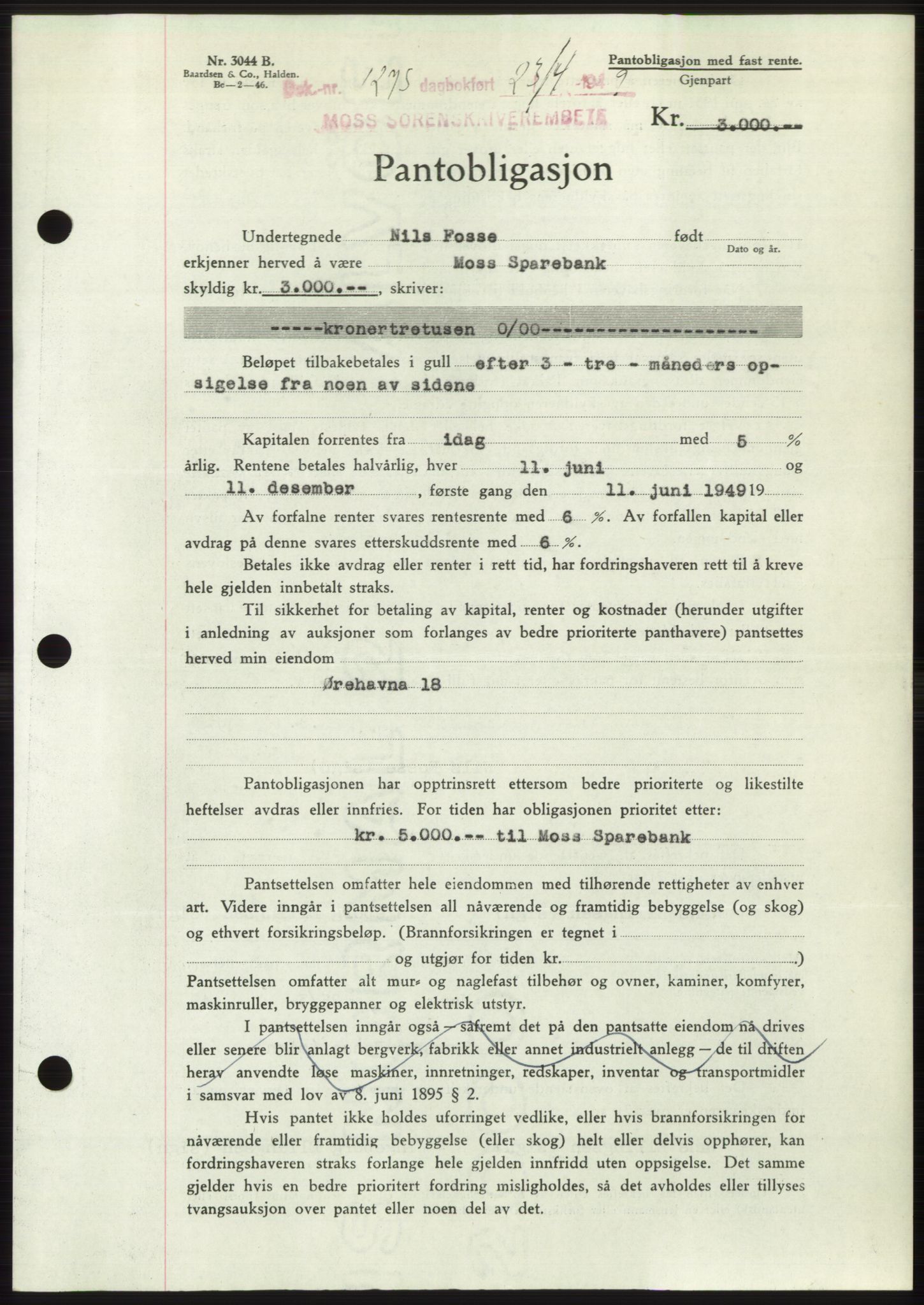 Moss sorenskriveri, SAO/A-10168: Pantebok nr. B21, 1949-1949, Dagboknr: 1275/1949