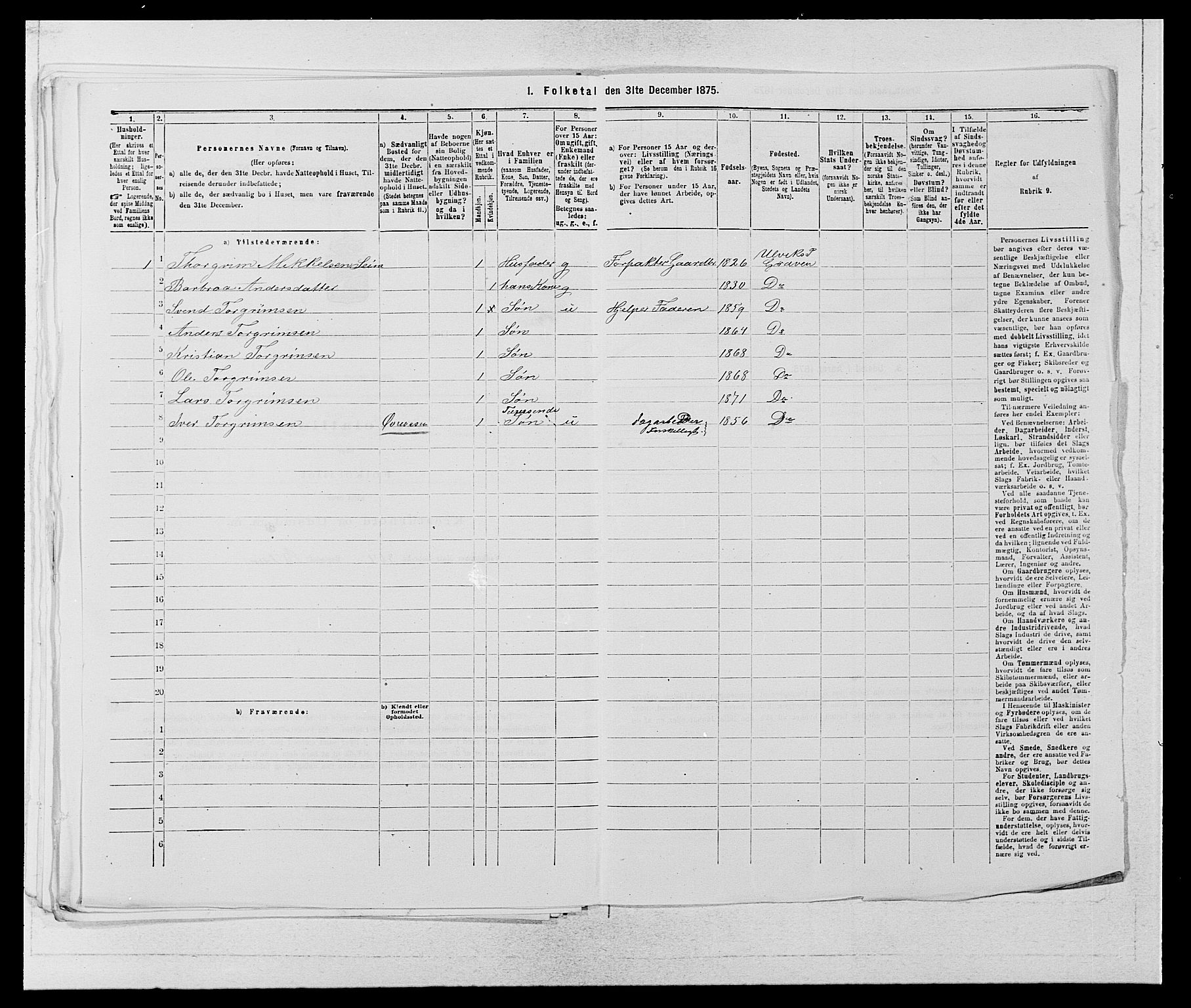 SAB, Folketelling 1875 for 1233P Ulvik prestegjeld, 1875, s. 920