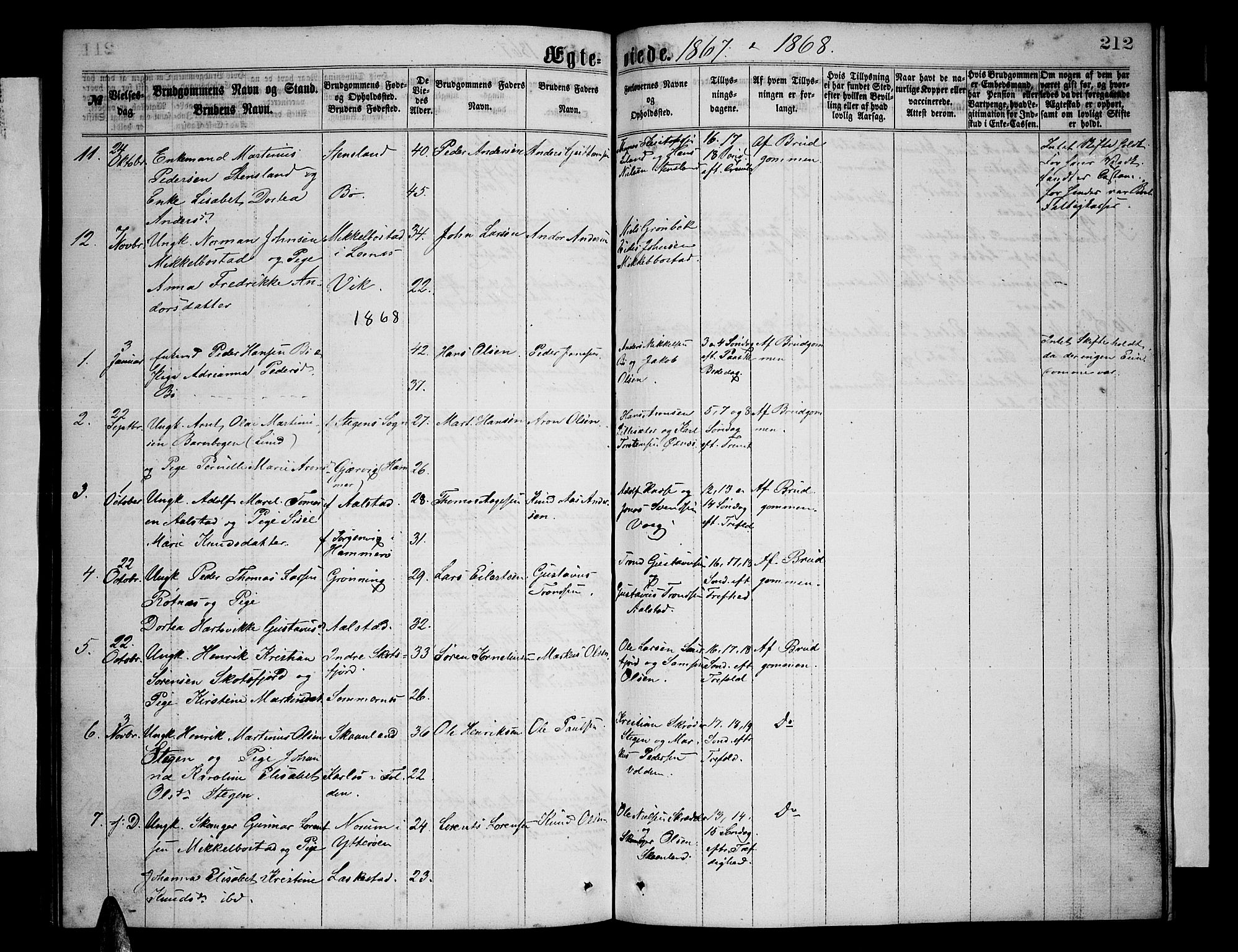 Ministerialprotokoller, klokkerbøker og fødselsregistre - Nordland, AV/SAT-A-1459/855/L0815: Klokkerbok nr. 855C04, 1865-1878, s. 212