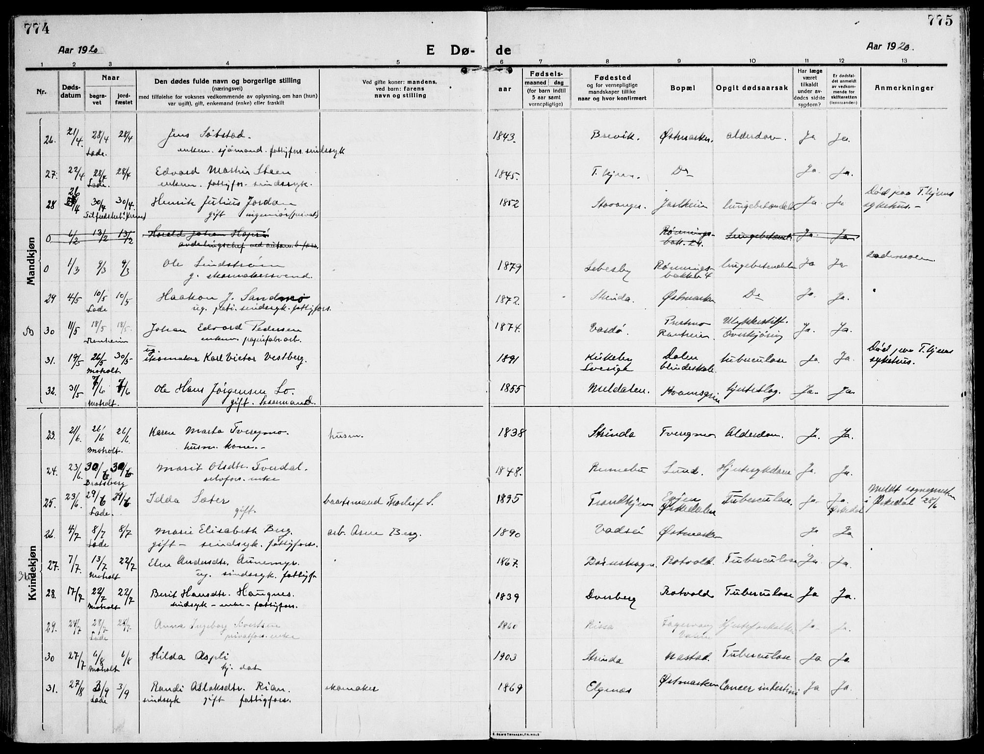 Ministerialprotokoller, klokkerbøker og fødselsregistre - Sør-Trøndelag, SAT/A-1456/607/L0321: Ministerialbok nr. 607A05, 1916-1935, s. 774-775