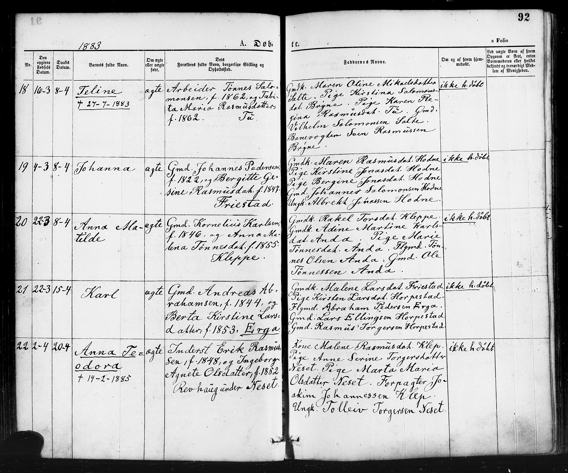 Klepp sokneprestkontor, AV/SAST-A-101803/001/3/30BA/L0006: Ministerialbok nr. A 6, 1871-1885, s. 92