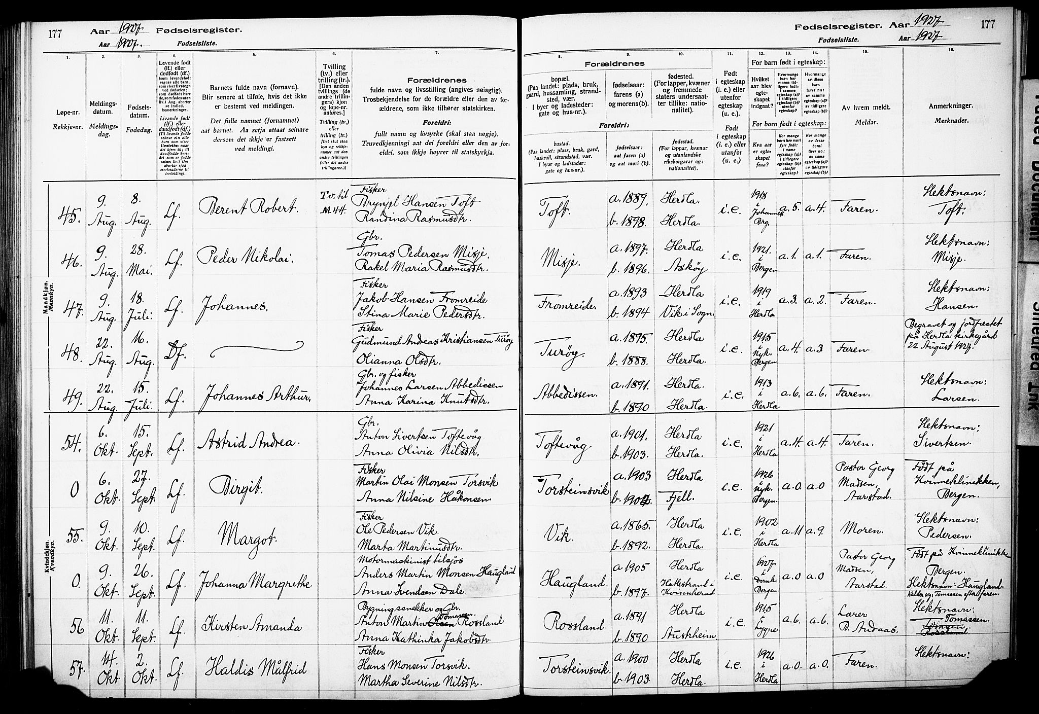 Herdla Sokneprestembete, AV/SAB-A-75701/I/Id/L00A1: Fødselsregister nr. A 1, 1916-1929, s. 177