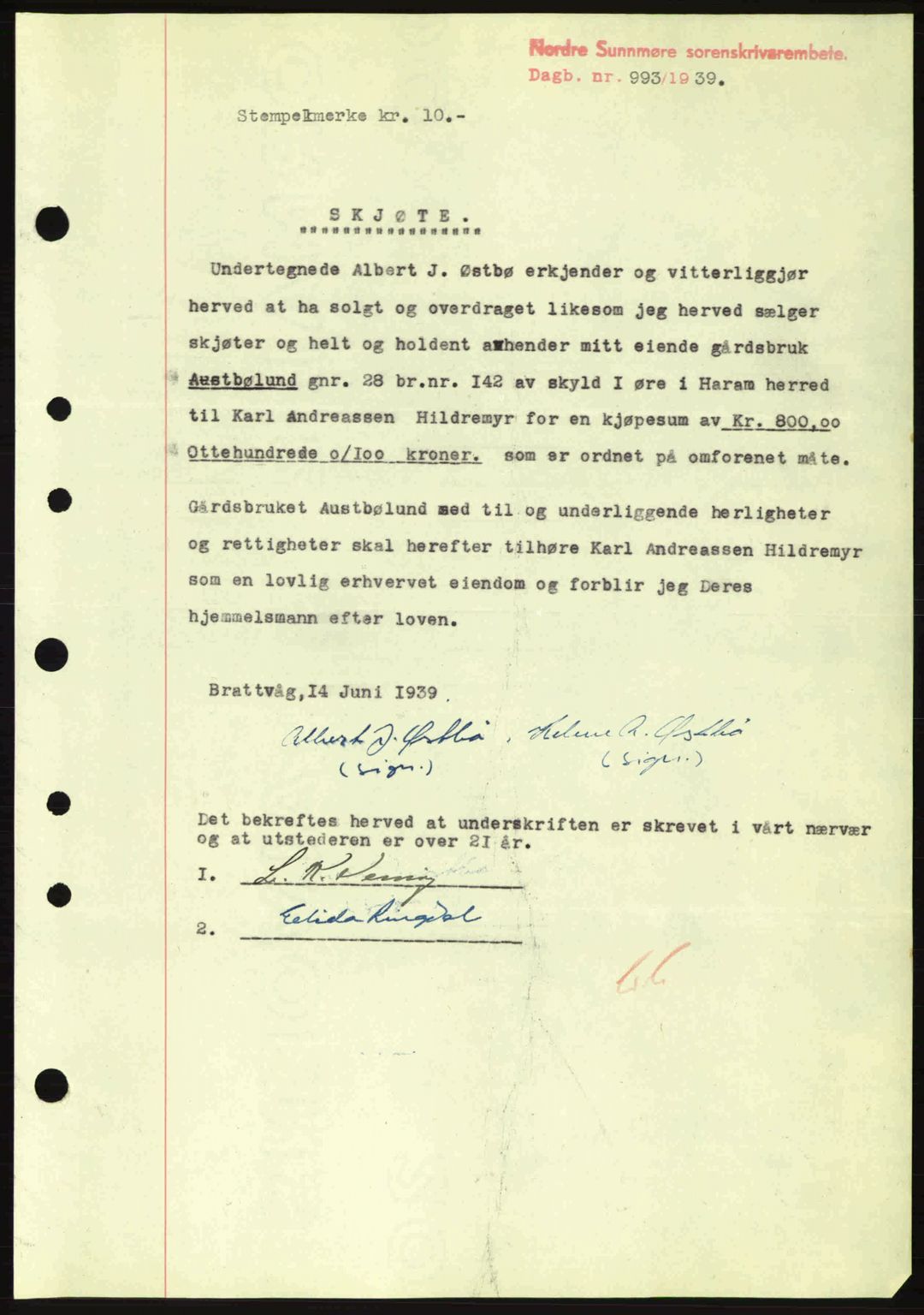 Nordre Sunnmøre sorenskriveri, SAT/A-0006/1/2/2C/2Ca: Pantebok nr. A7, 1939-1939, Dagboknr: 993/1939