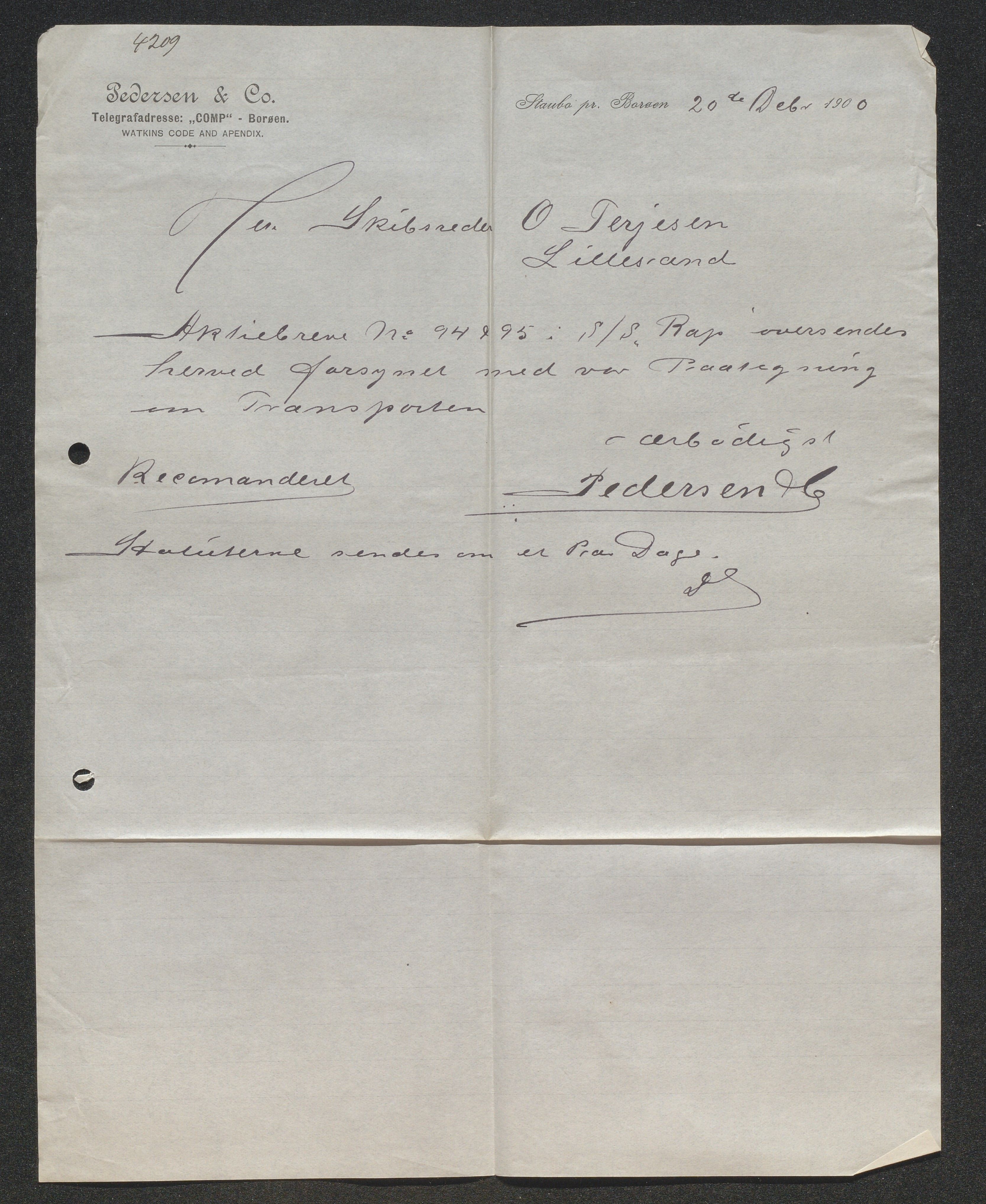 O. Terjesens rederi, AAKS/PA-2525/E/E01/L0008: Korrespondanse, 1900-1901