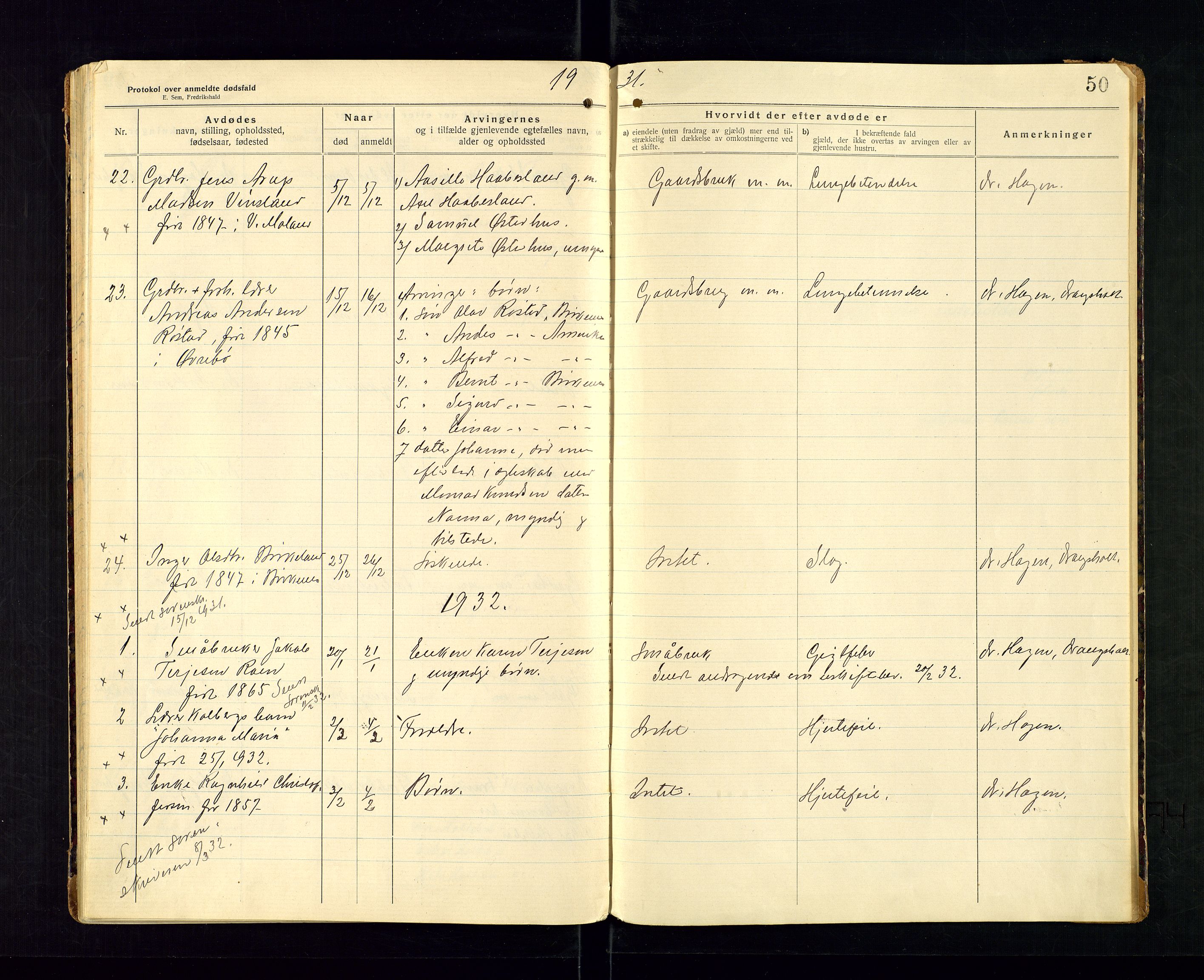 Birkenes lensmannskontor, AV/SAK-1241-0004/F/Fe/L0001/0002: Dødsfallsprotokoller / Dødsfallsprotokoll, 1920-1932, s. 50
