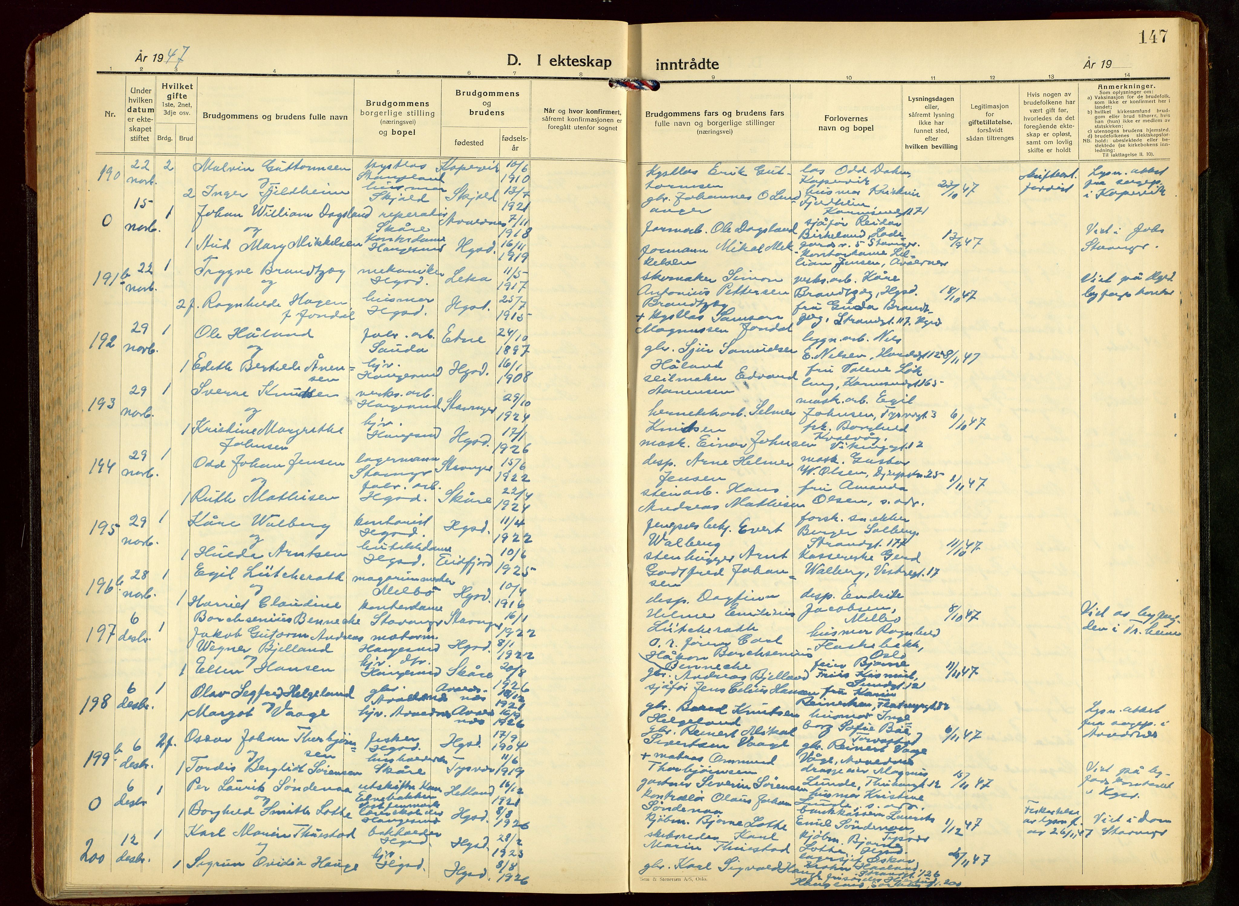 Haugesund sokneprestkontor, SAST/A -101863/H/Ha/Hab/L0014: Klokkerbok nr. B 14, 1940-1952, s. 147