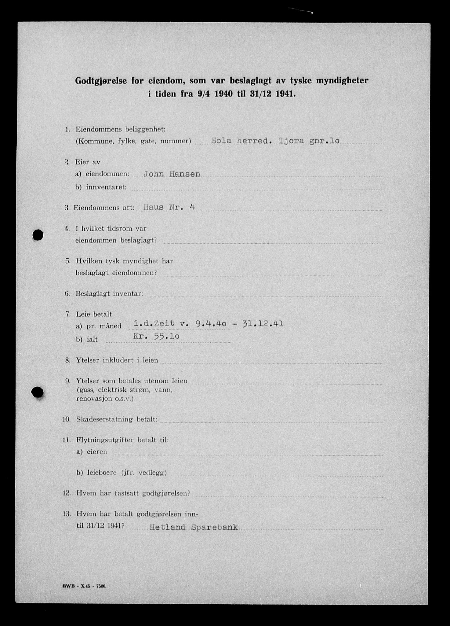 Justisdepartementet, Tilbakeføringskontoret for inndratte formuer, AV/RA-S-1564/I/L1014: Godtgjørelse for beslaglagt eiendom, 1940-1941, s. 303