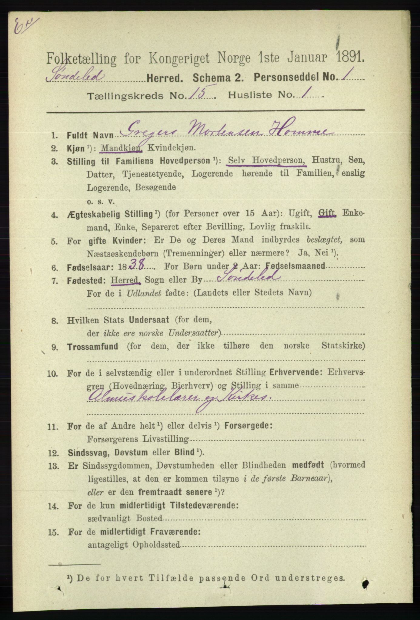 RA, Folketelling 1891 for Nedenes amt: Gjenparter av personsedler for beslektede ektefeller, menn, 1891, s. 167