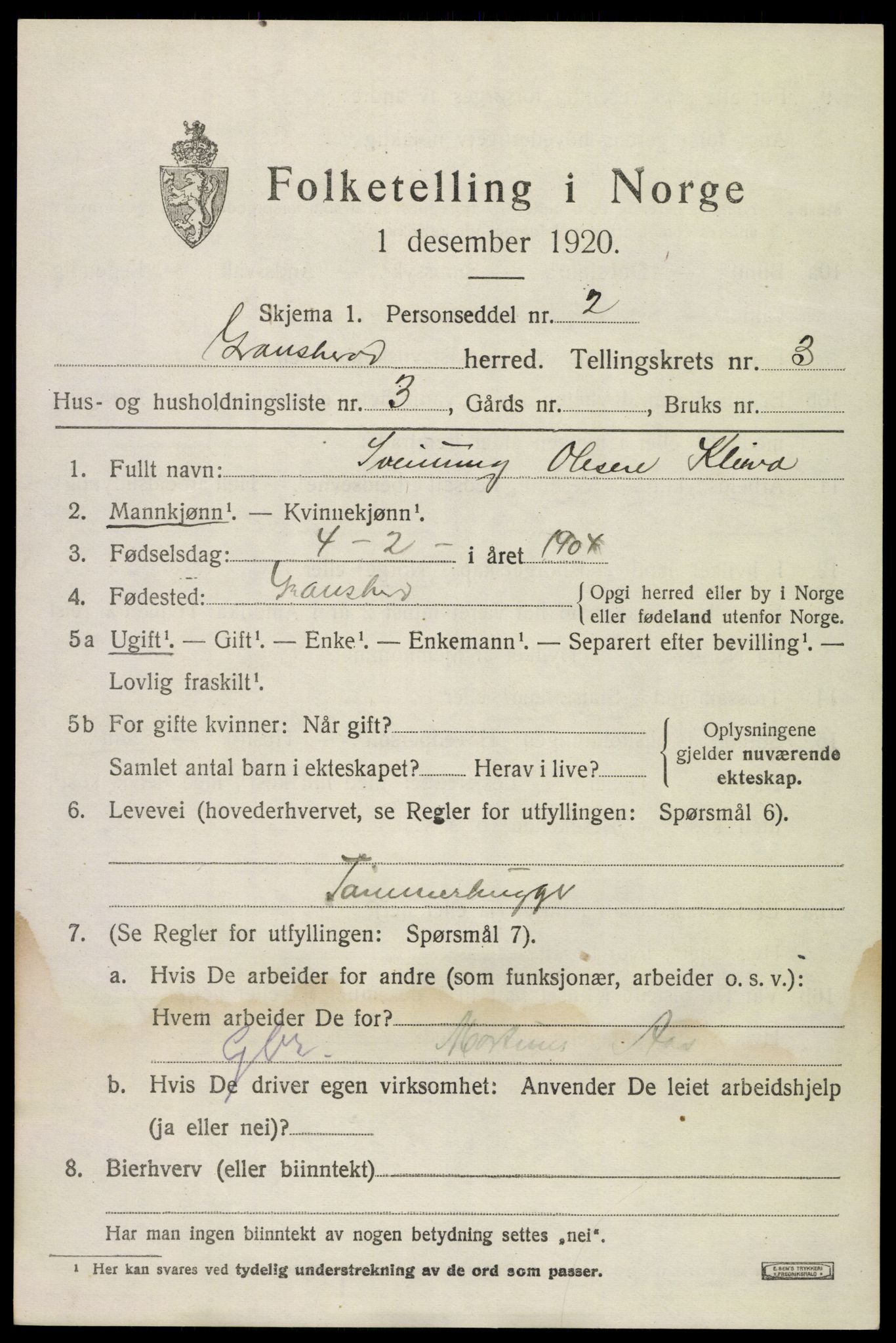 SAKO, Folketelling 1920 for 0824 Gransherad herred, 1920, s. 1428