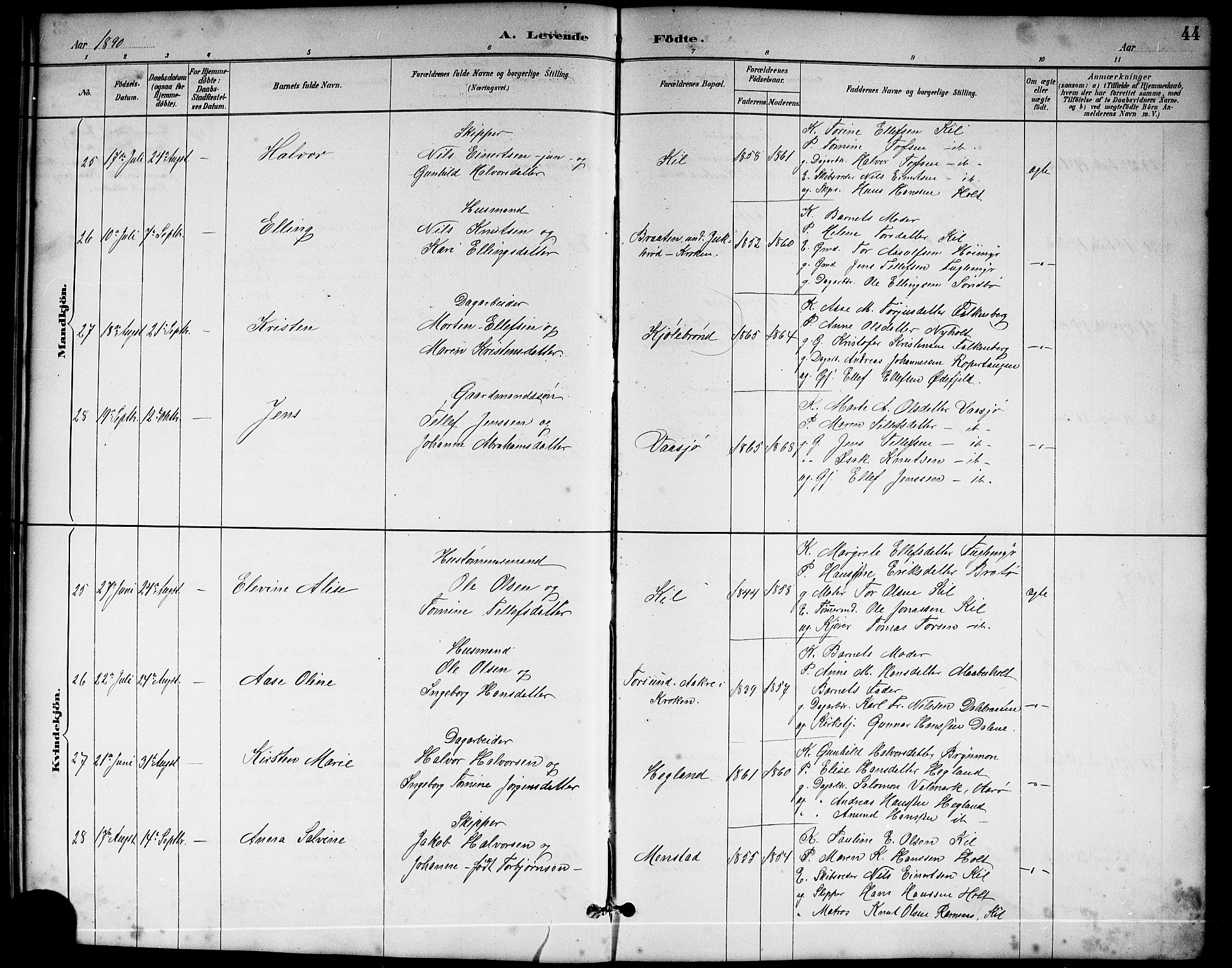 Sannidal kirkebøker, AV/SAKO-A-296/G/Ga/L0003: Klokkerbok nr. 3, 1887-1922, s. 44