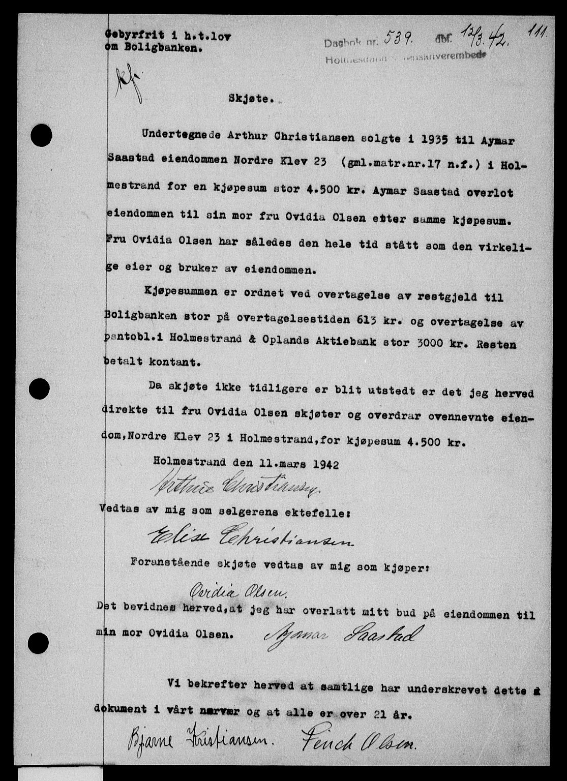 Holmestrand sorenskriveri, SAKO/A-67/G/Ga/Gaa/L0055: Pantebok nr. A-55, 1942-1942, Dagboknr: 539/1942