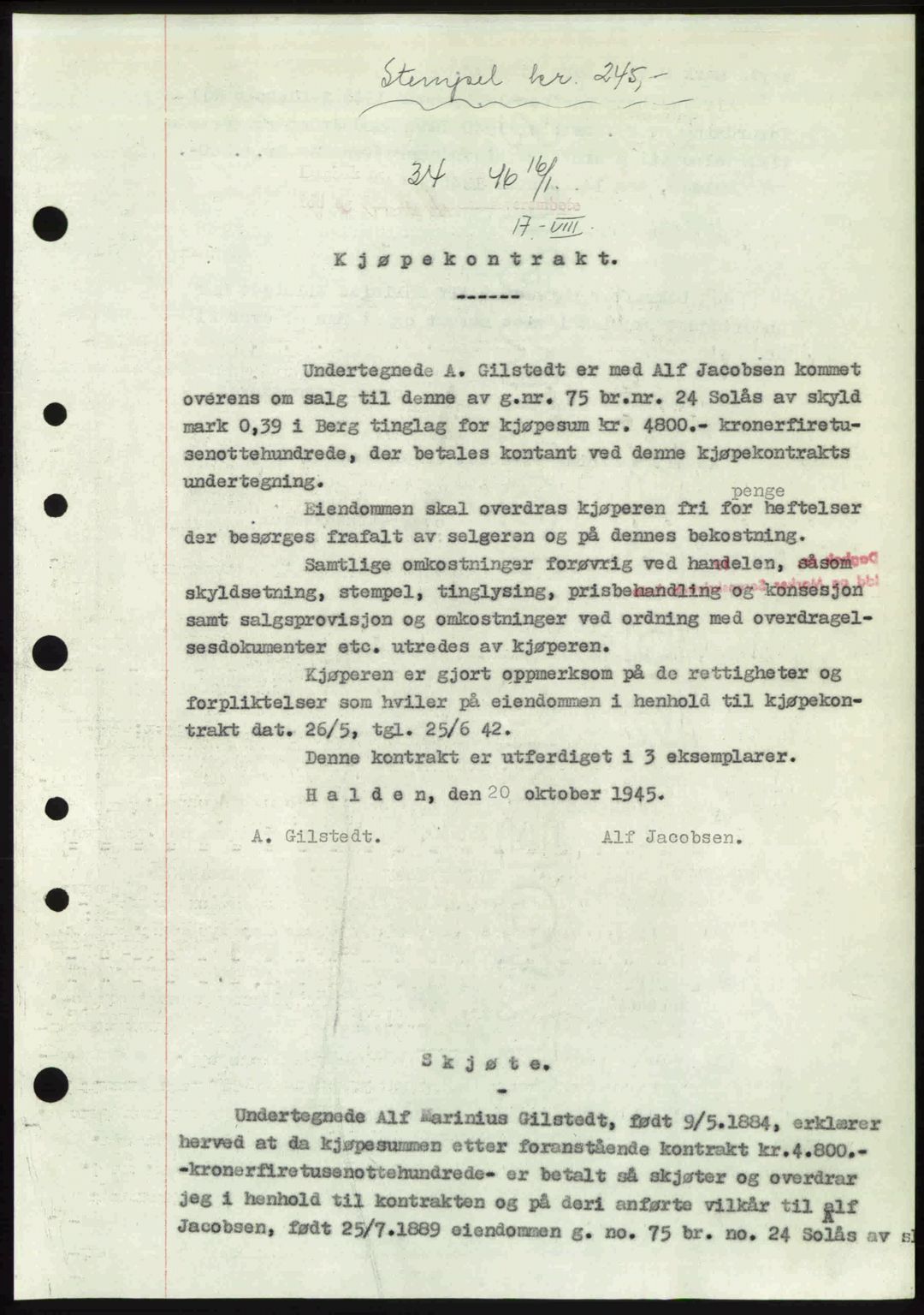 Idd og Marker sorenskriveri, SAO/A-10283/G/Gb/Gbb/L0008: Pantebok nr. A8, 1946-1946, Dagboknr: 34/1946