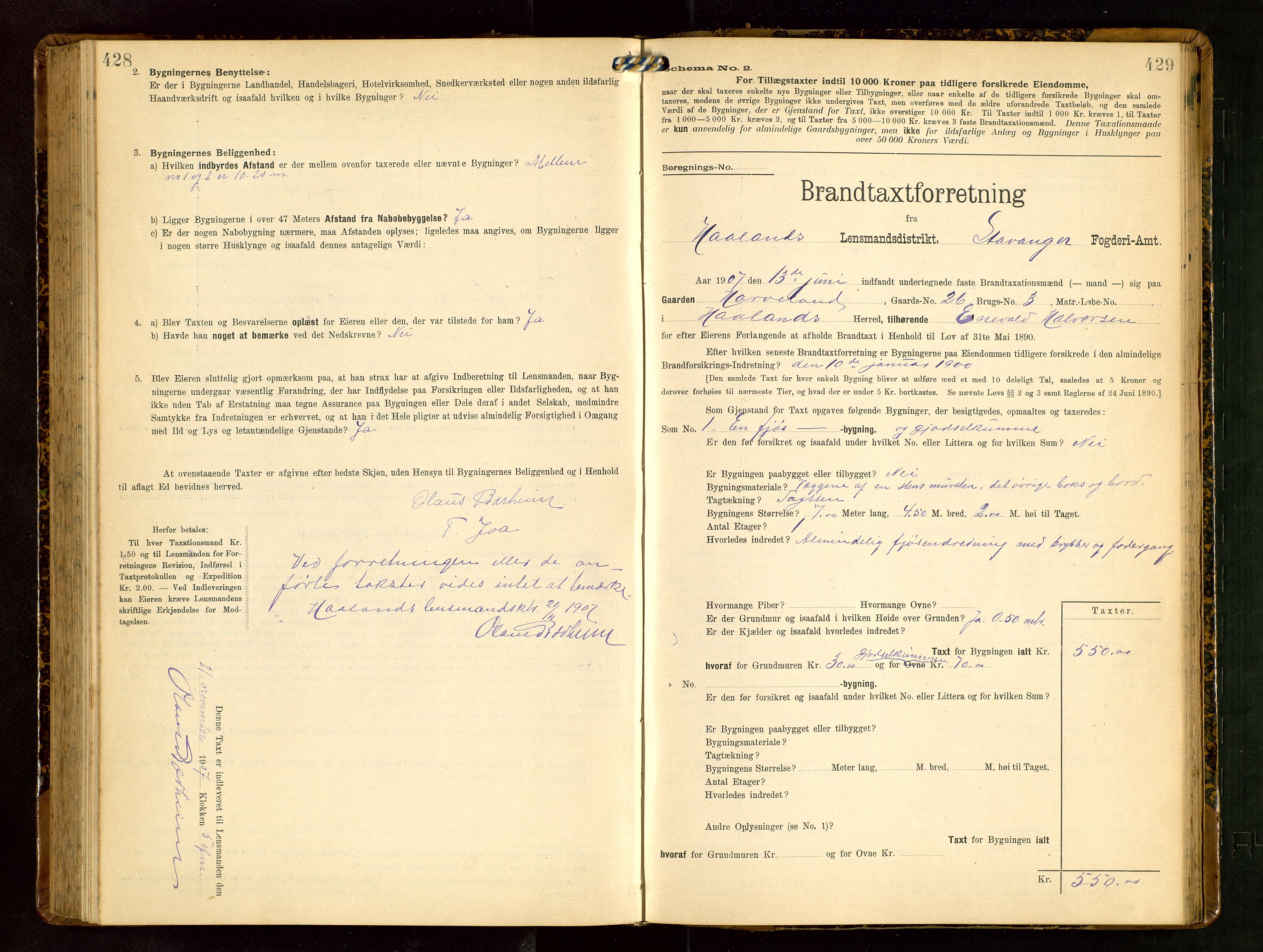 Håland lensmannskontor, SAST/A-100100/Gob/L0003: Branntakstprotokoll - skjematakst. Register i boken., 1909-1910, s. 428-429