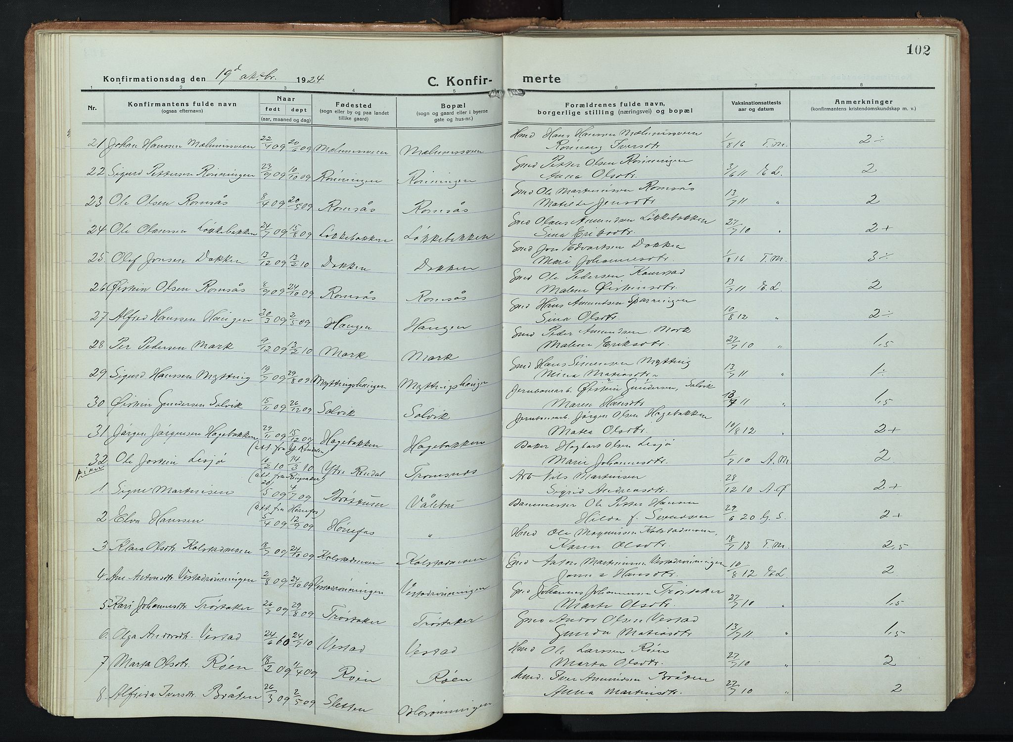 Ringebu prestekontor, AV/SAH-PREST-082/H/Ha/Hab/L0011: Klokkerbok nr. 11, 1921-1943, s. 102