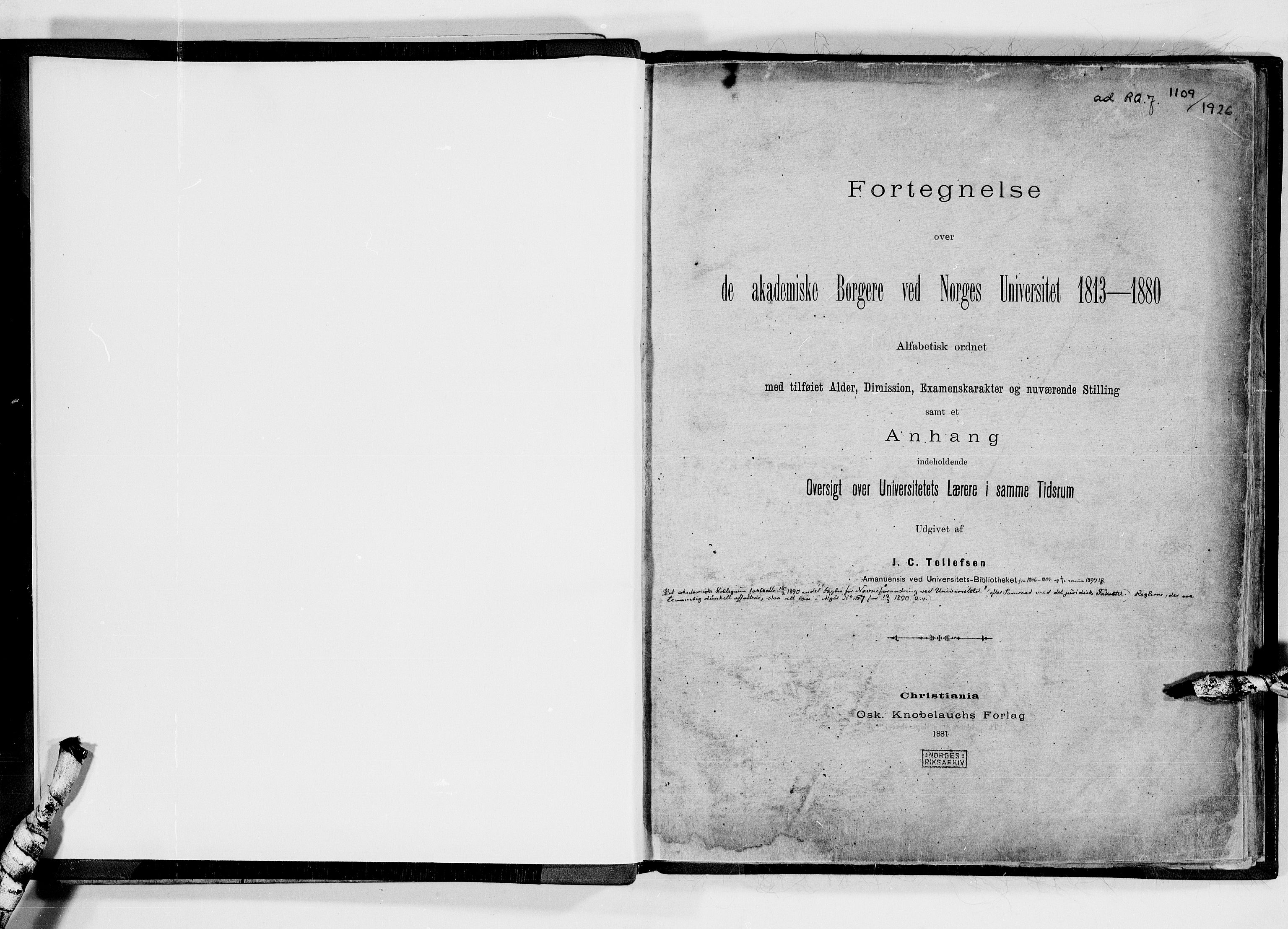 Lassens samlinger, AV/RA-PA-0051/F/Fd/L0084b: J.C. Tollefsen: "Fortegnelse over de akademiske Borgere ved Norges Universitet 1813-1880", 1813-1880, s. 2