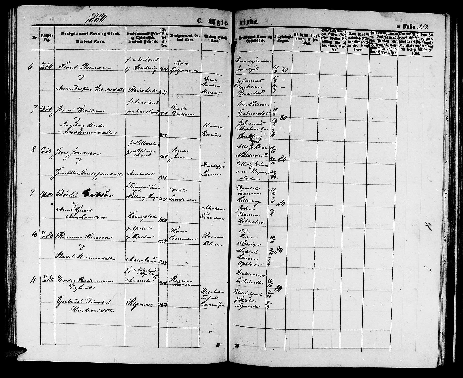 Hå sokneprestkontor, AV/SAST-A-101801/001/30BB/L0002: Klokkerbok nr. B 2, 1854-1883, s. 289