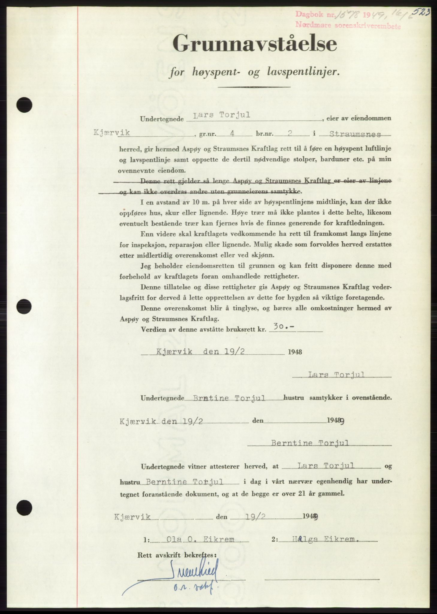 Nordmøre sorenskriveri, SAT/A-4132/1/2/2Ca: Pantebok nr. B101, 1949-1949, Dagboknr: 1578/1949