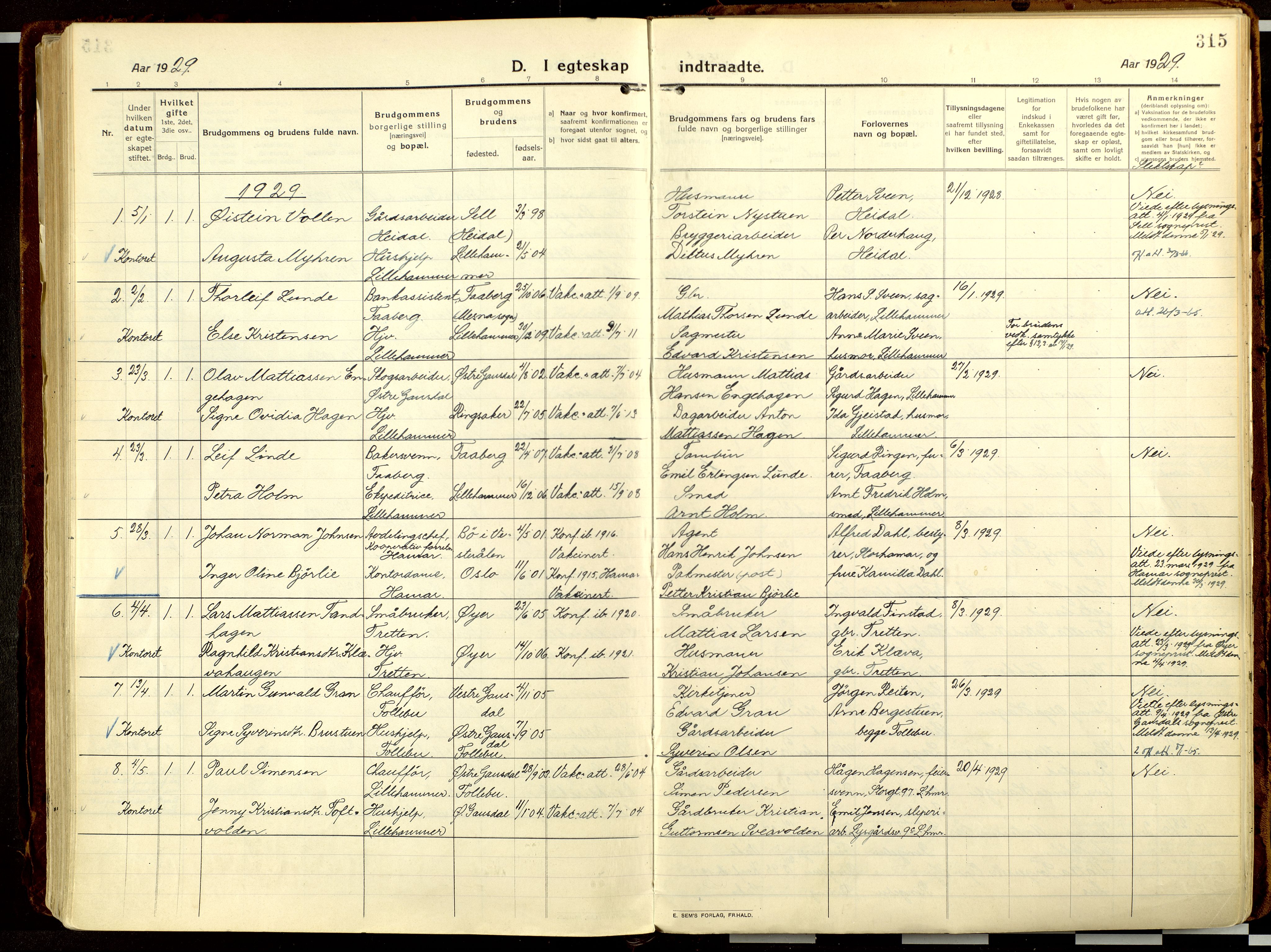 Lillehammer prestekontor, AV/SAH-PREST-088/H/Ha/Haa/L0002: Ministerialbok nr. 2, 1917-1932, s. 315