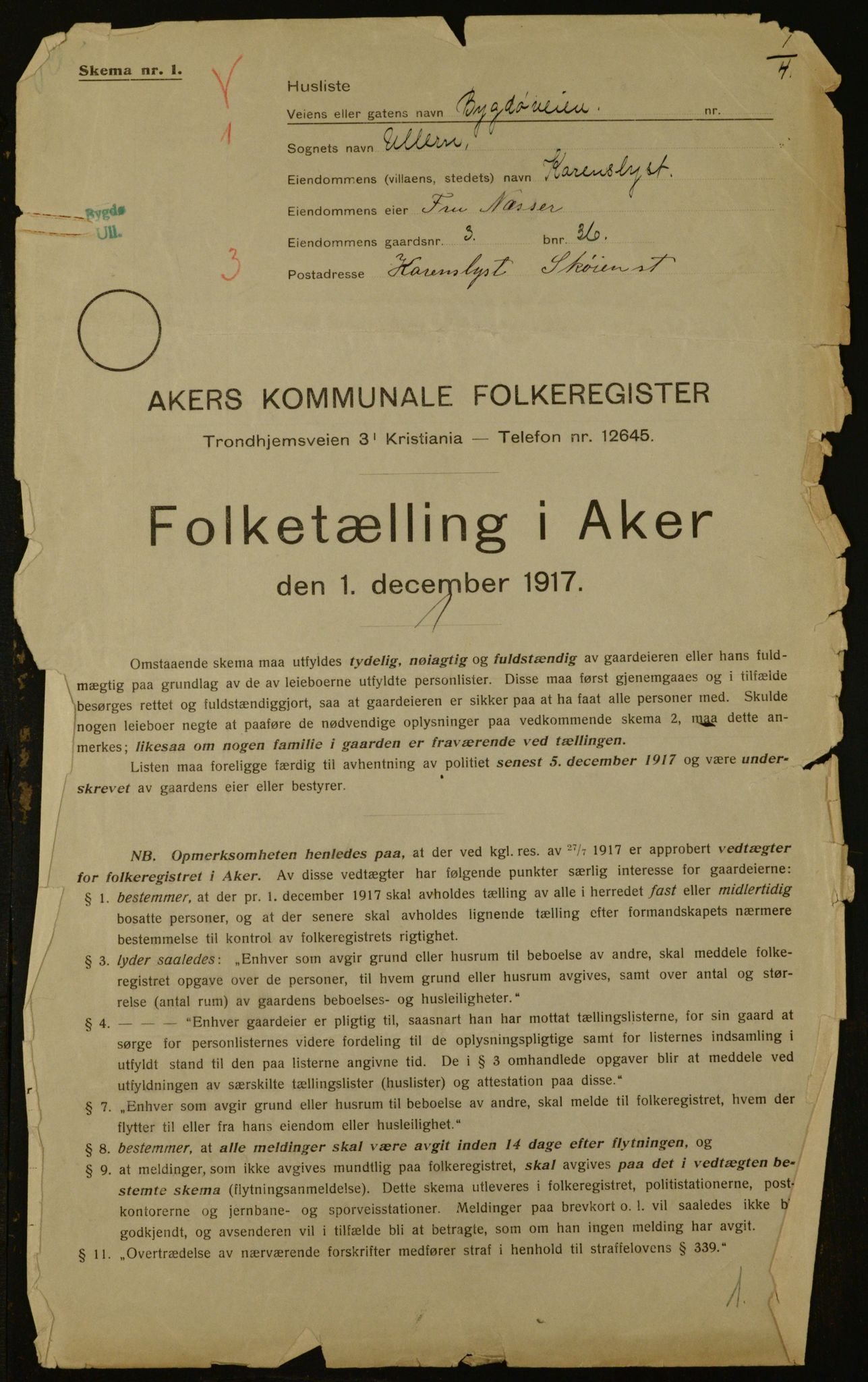 OBA, Kommunal folketelling 1.12.1917 for Aker, 1917, s. 4354