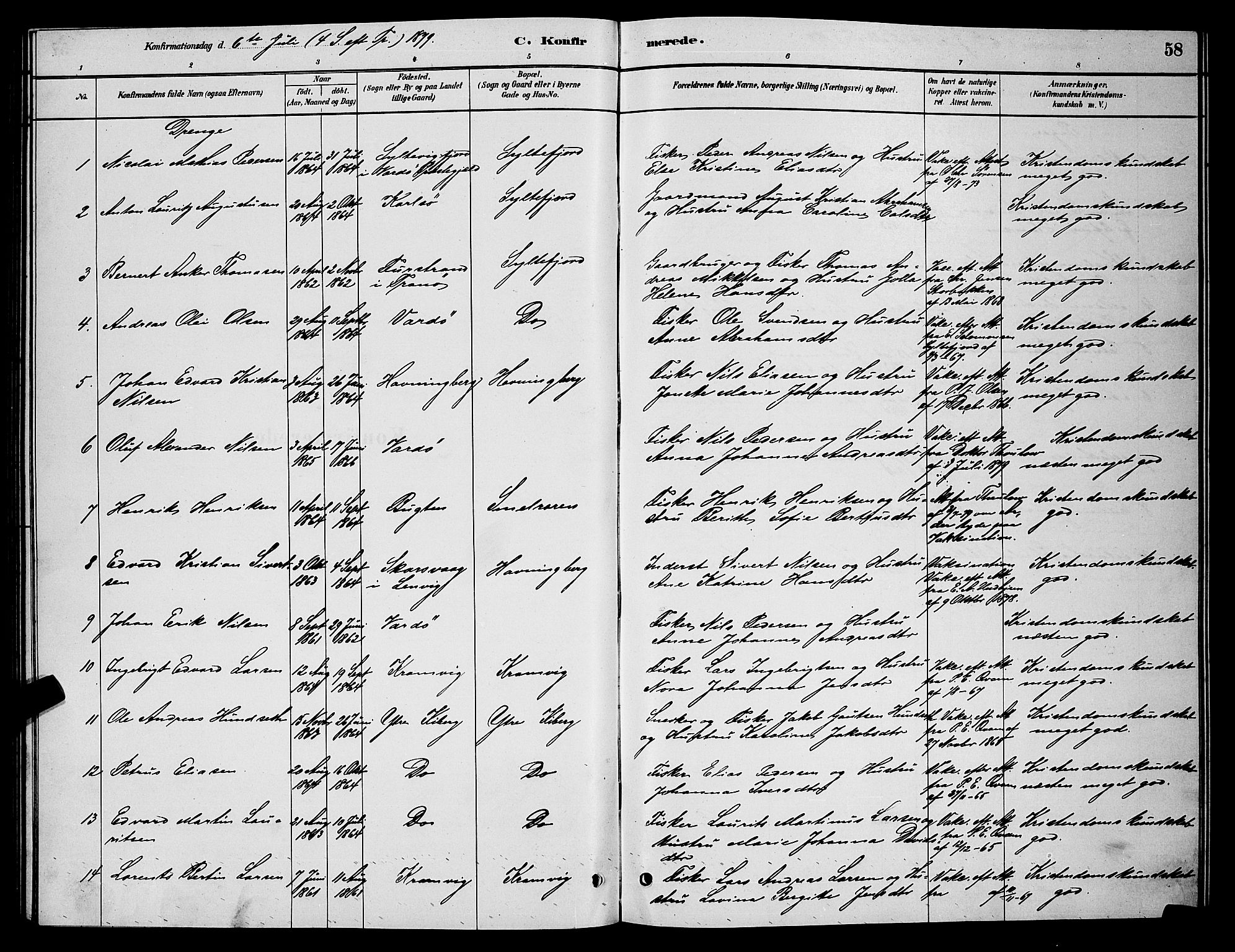 Vardø sokneprestkontor, AV/SATØ-S-1332/H/Hb/L0006klokker: Klokkerbok nr. 6, 1879-1887, s. 58