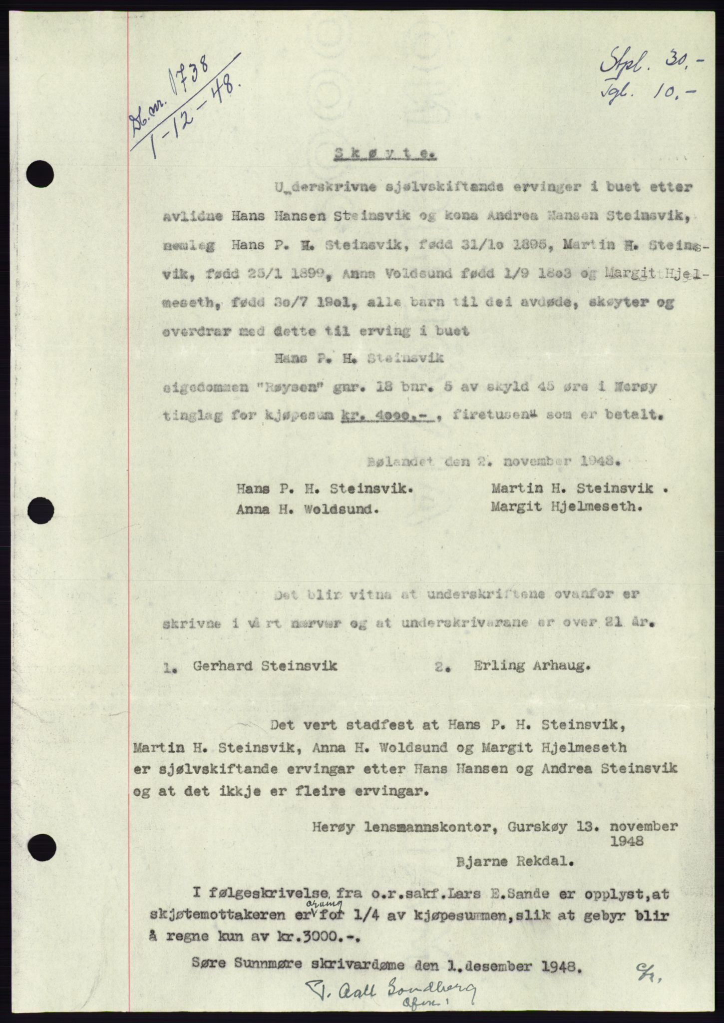 Søre Sunnmøre sorenskriveri, AV/SAT-A-4122/1/2/2C/L0083: Pantebok nr. 9A, 1948-1949, Dagboknr: 1738/1948