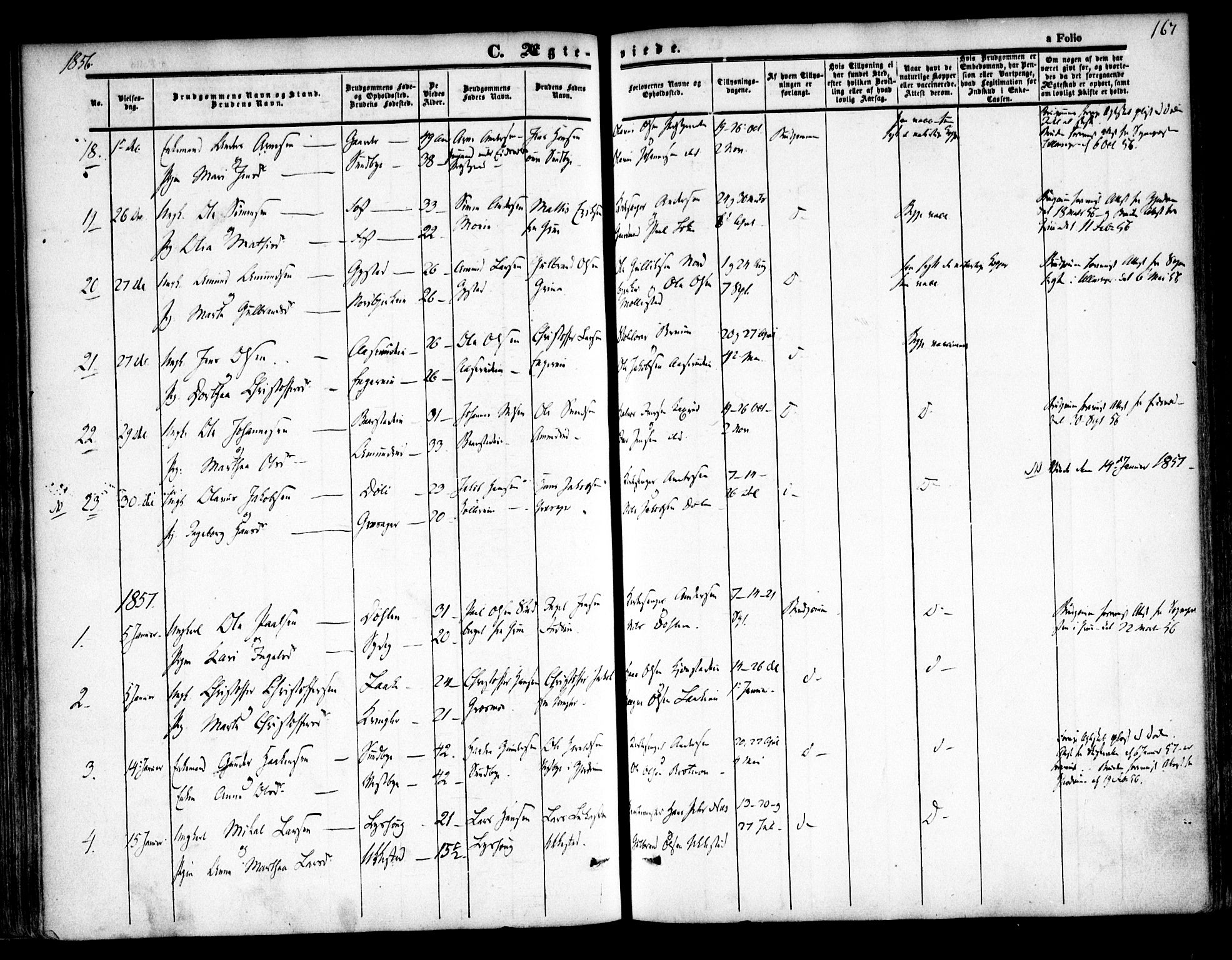Nannestad prestekontor Kirkebøker, AV/SAO-A-10414a/F/Fa/L0011: Ministerialbok nr. I 11, 1850-1859, s. 167