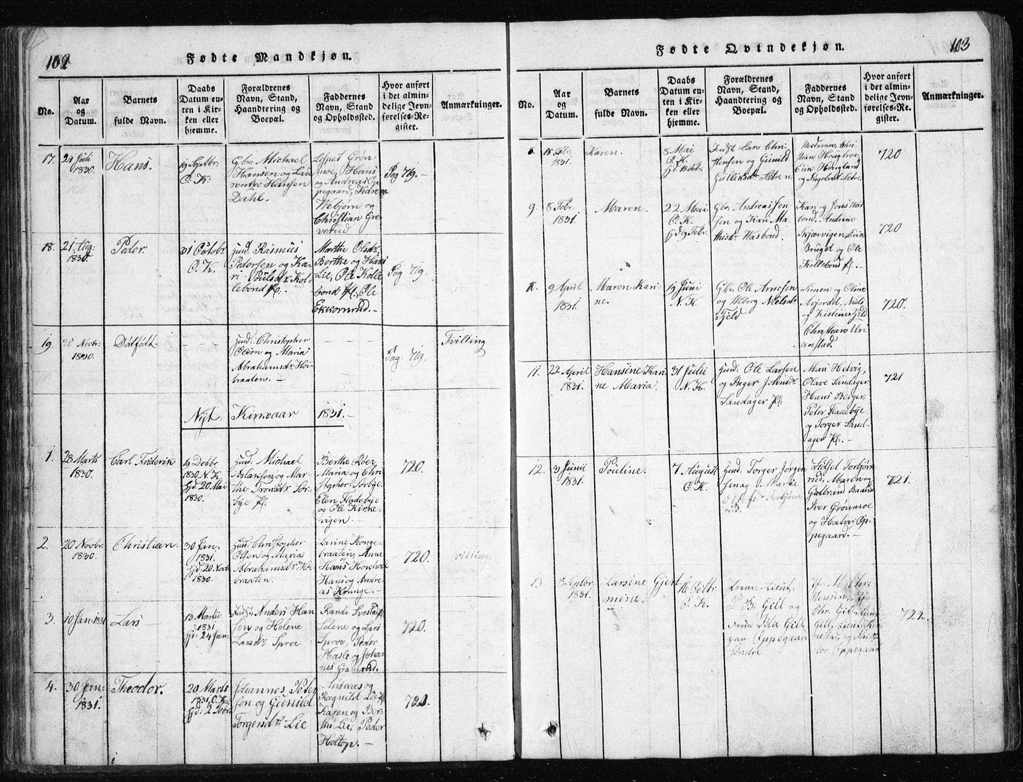 Nesodden prestekontor Kirkebøker, AV/SAO-A-10013/G/Ga/L0001: Klokkerbok nr. I 1, 1814-1847, s. 102-103