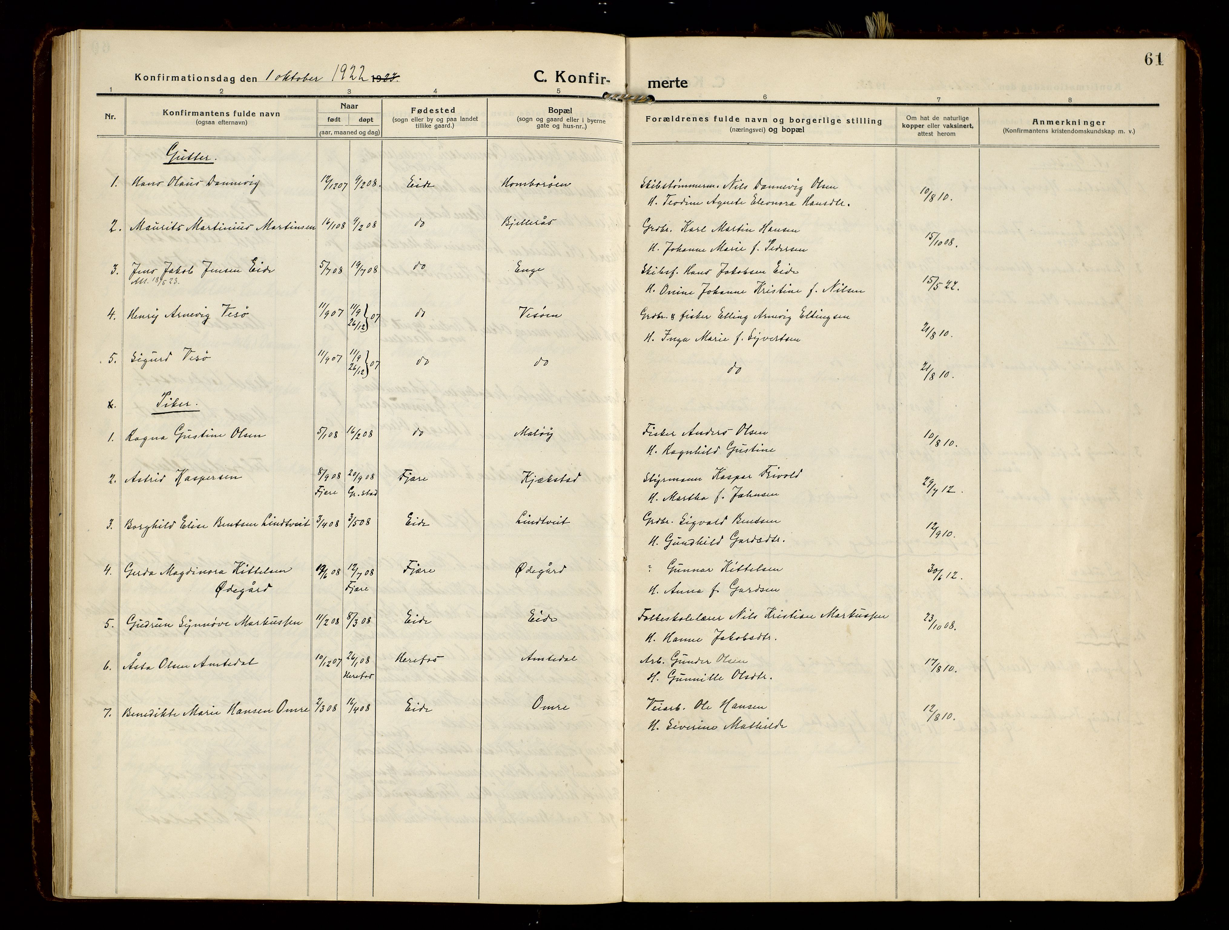 Hommedal sokneprestkontor, AV/SAK-1111-0023/F/Fa/Faa/L0004: Ministerialbok nr. A 4, 1916-1945, s. 61