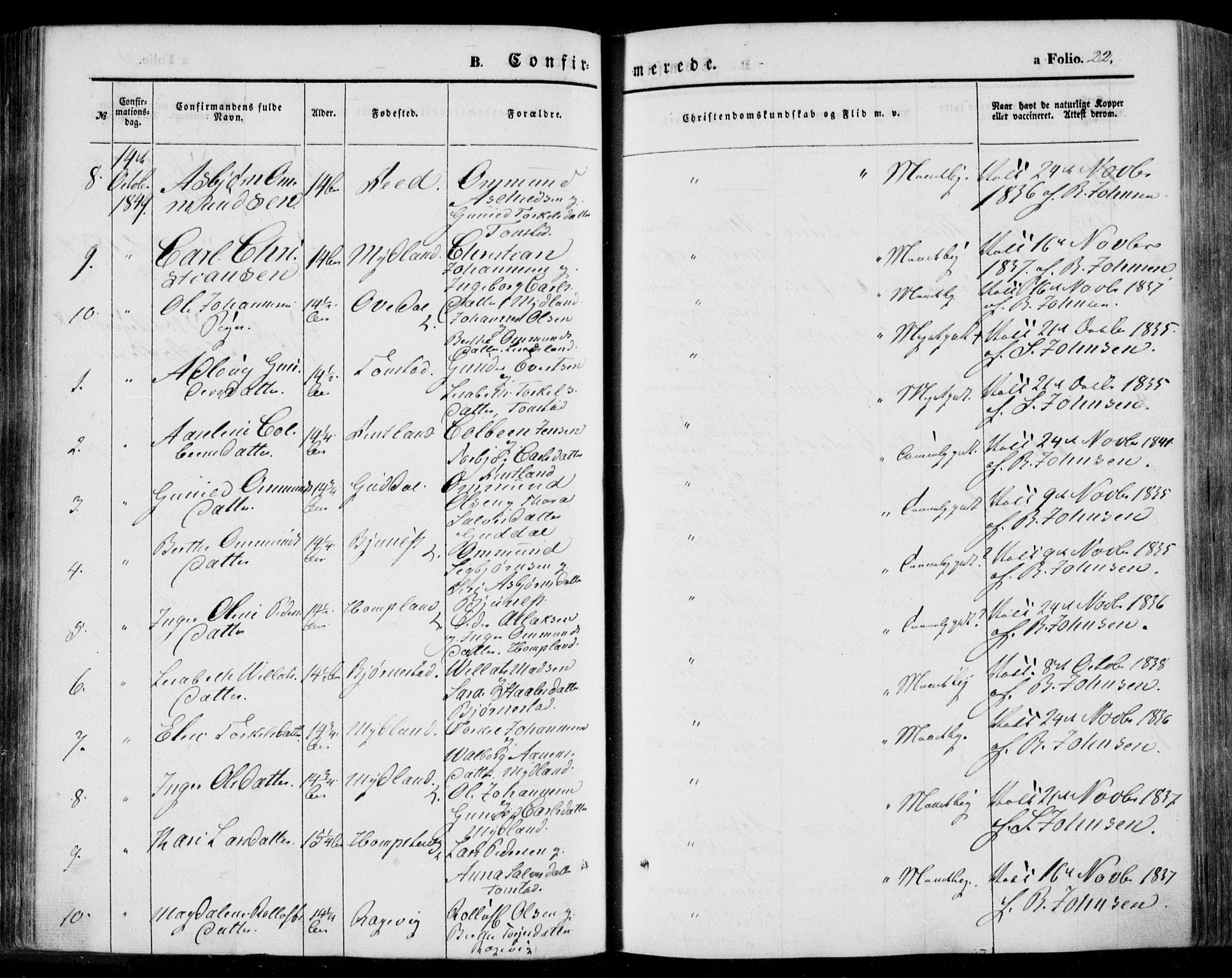 Bakke sokneprestkontor, AV/SAK-1111-0002/F/Fa/Faa/L0005: Ministerialbok nr. A 5, 1847-1855, s. 22