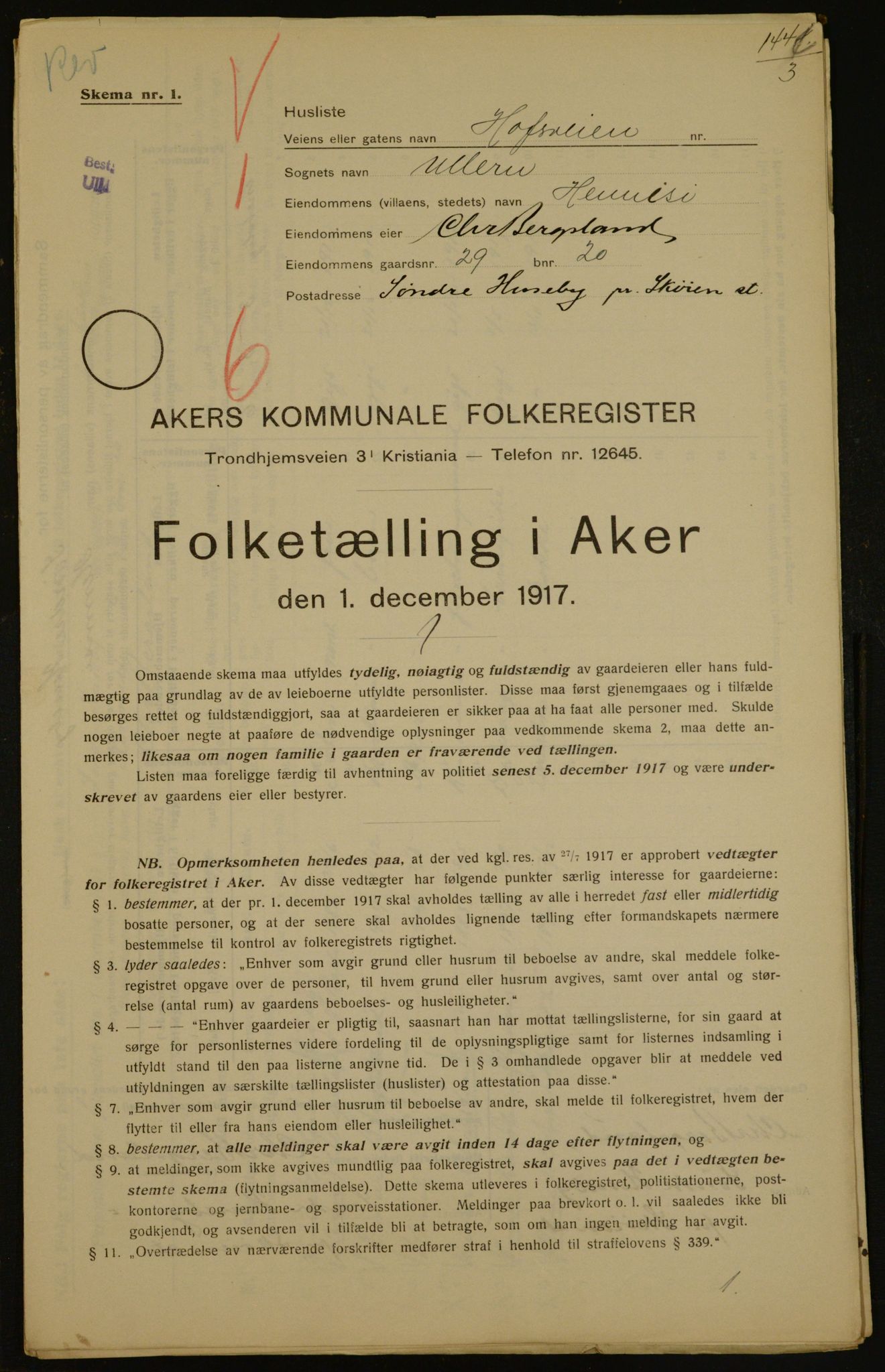 OBA, Kommunal folketelling 1.12.1917 for Aker, 1917, s. 4285