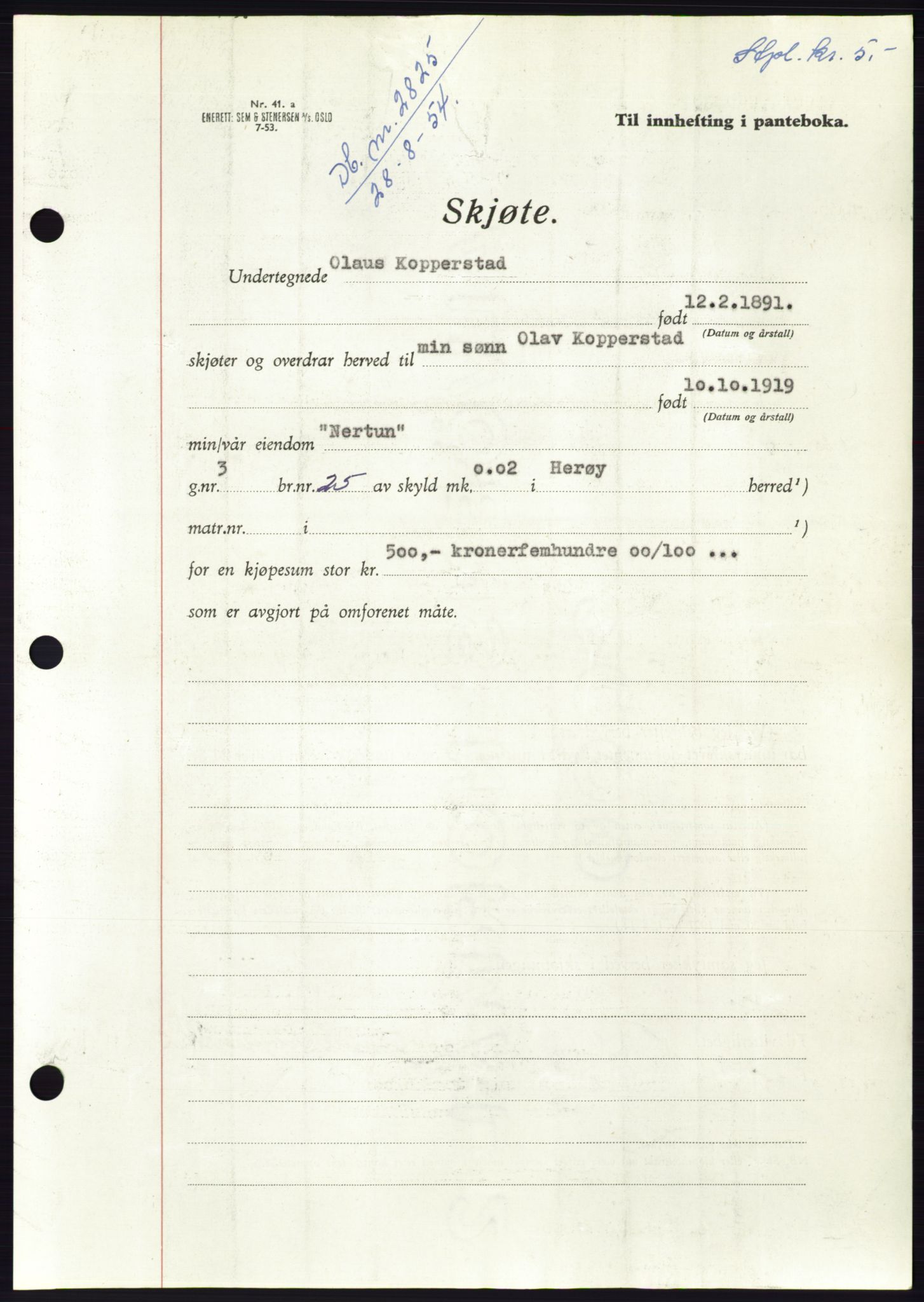 Søre Sunnmøre sorenskriveri, AV/SAT-A-4122/1/2/2C/L0099: Pantebok nr. 25A, 1954-1954, Dagboknr: 2825/1954