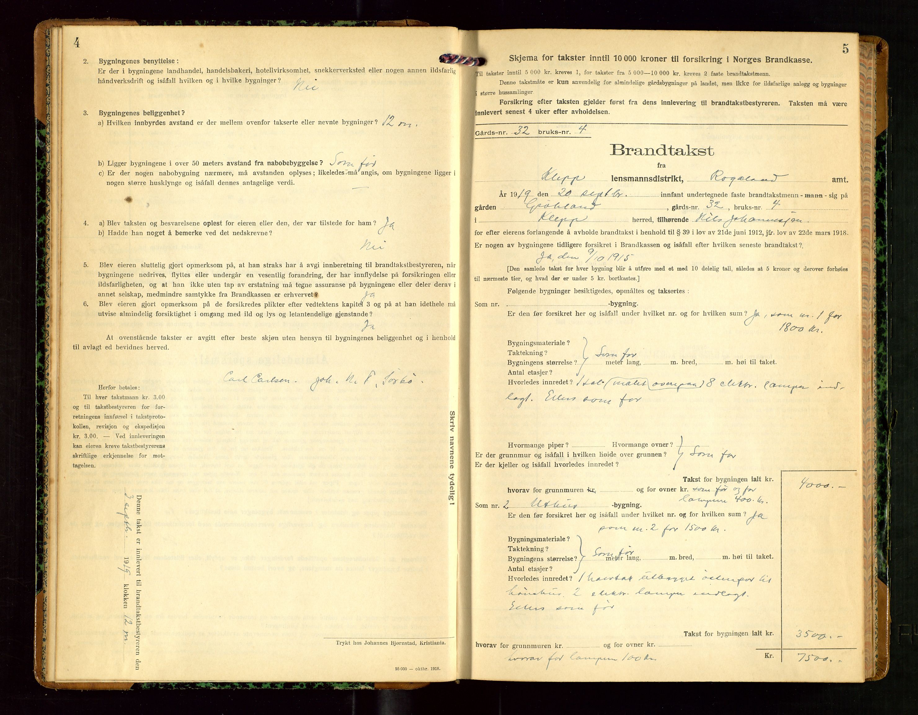 Klepp lensmannskontor, AV/SAST-A-100163/Goc/L0010: "Brandtakstprotokoll" m/register, 1919-1924, s. 4-5