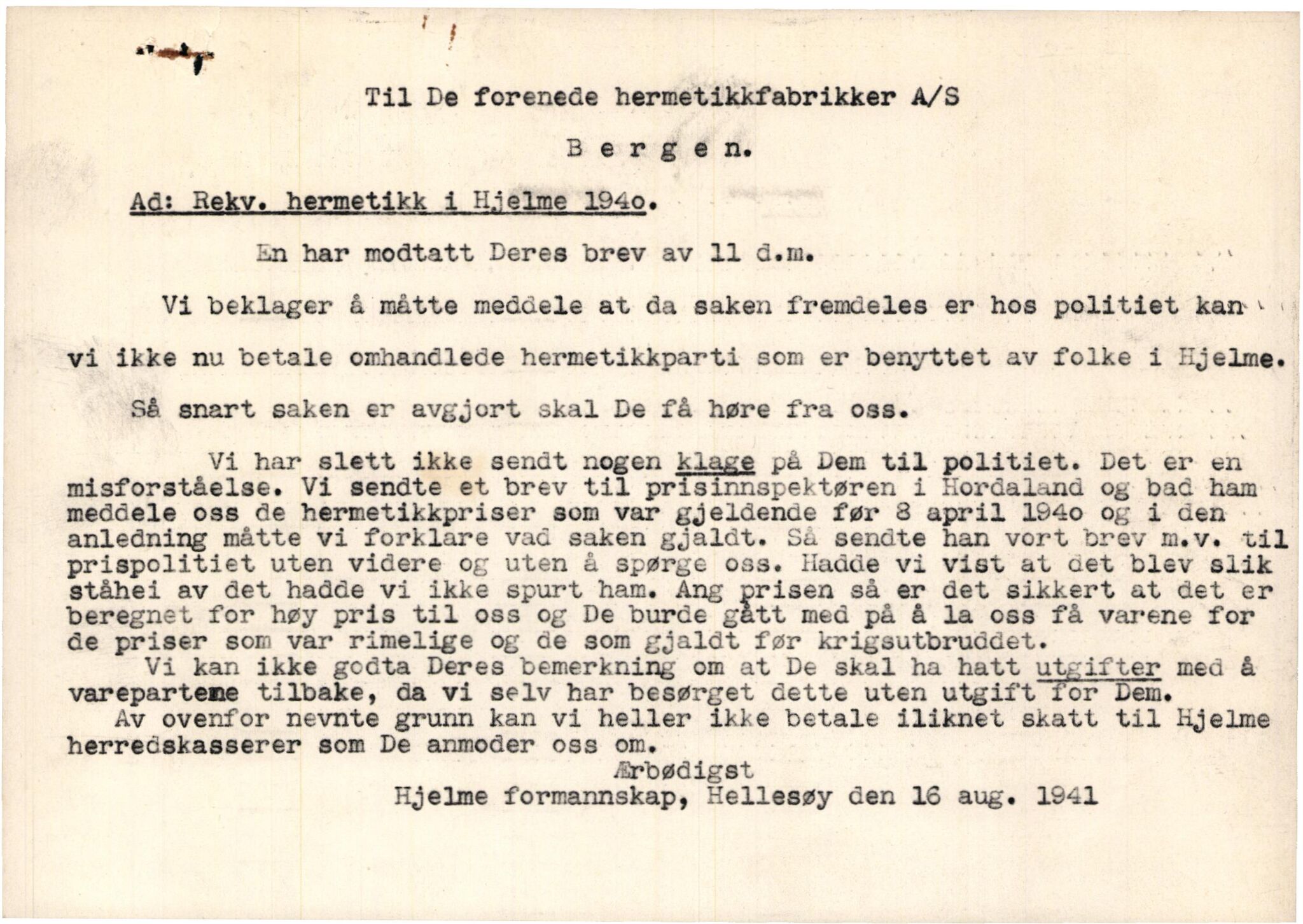 Hjelme kommune. Formannskapet, IKAH/1259a-021/D/Da/L0001/0003: Kronologisk ordna korrespondanse  / Kronologisk ordna korrespondanse , 1941